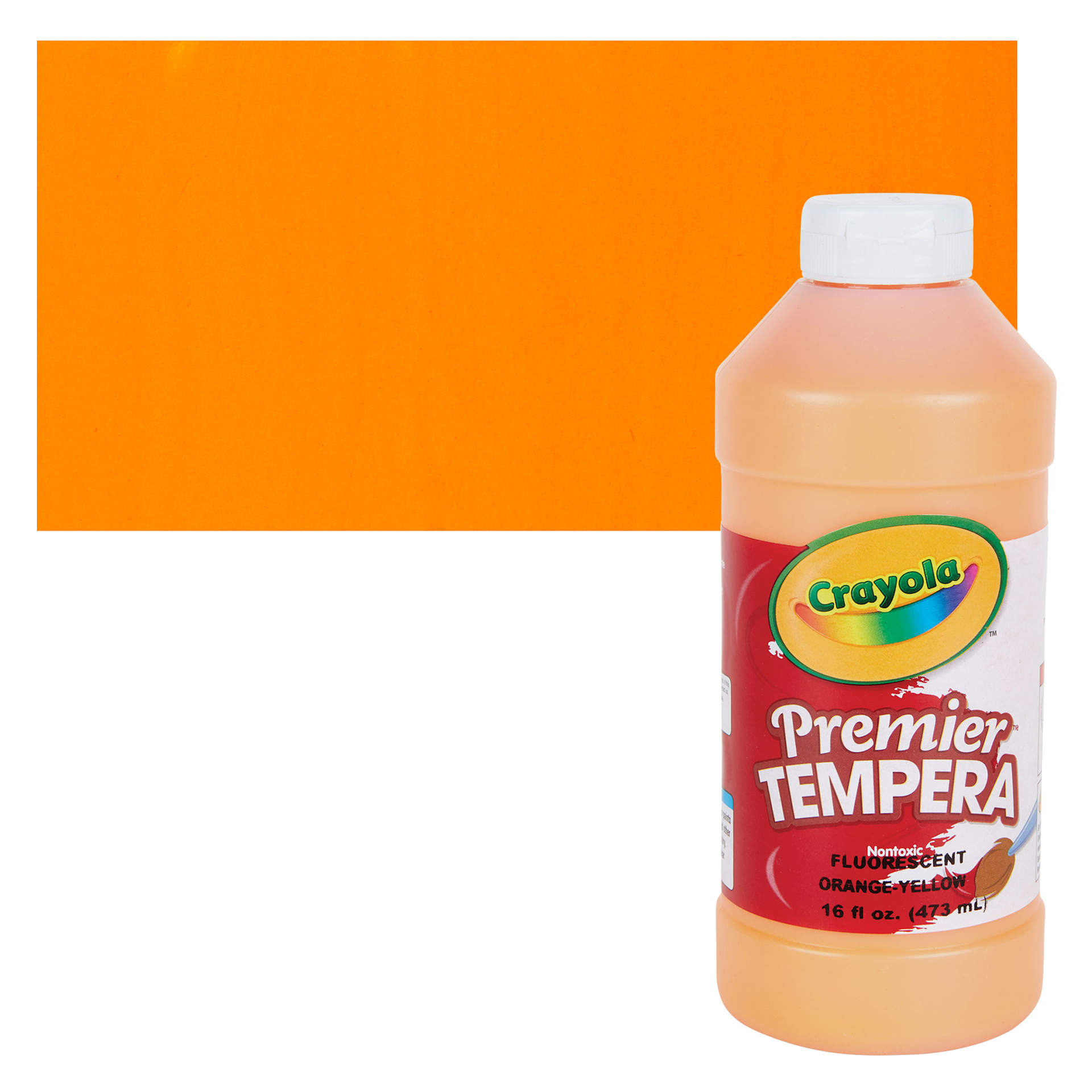 Crayola Premier Tempera - Fluorescent Orange-Yellow, 16 oz bottle and swatch