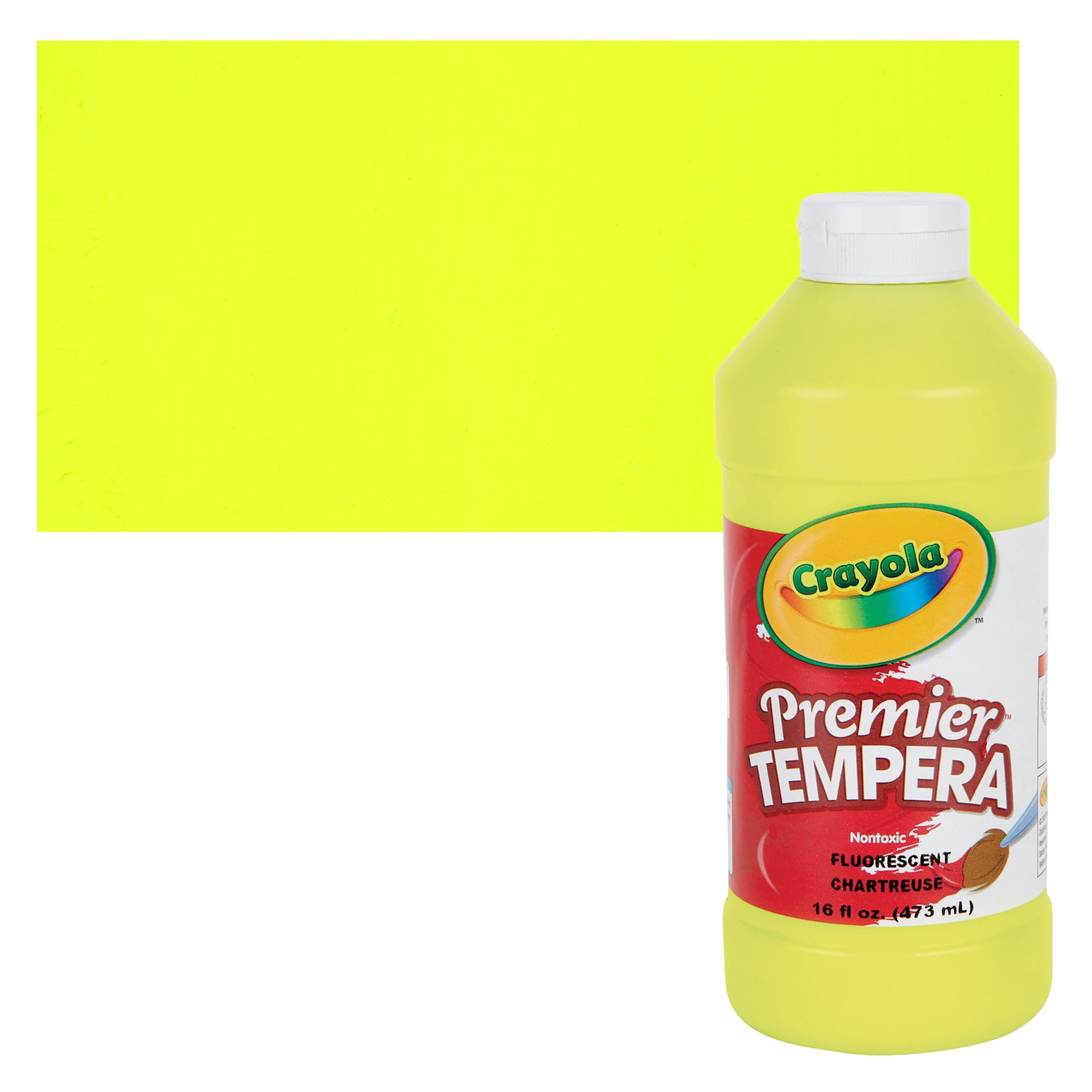 Crayola Premier Tempera - Fluorescent Chartreuse, 16 oz bottle and swatch