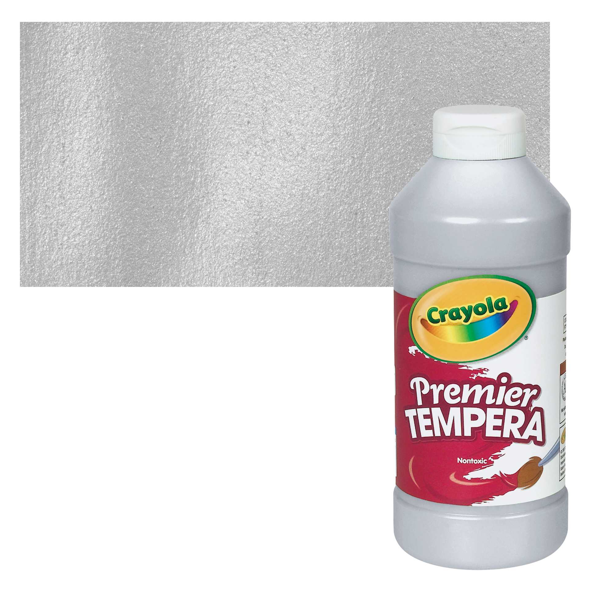 Crayola Premier Tempera - Silver, 16 oz bottle and swatch