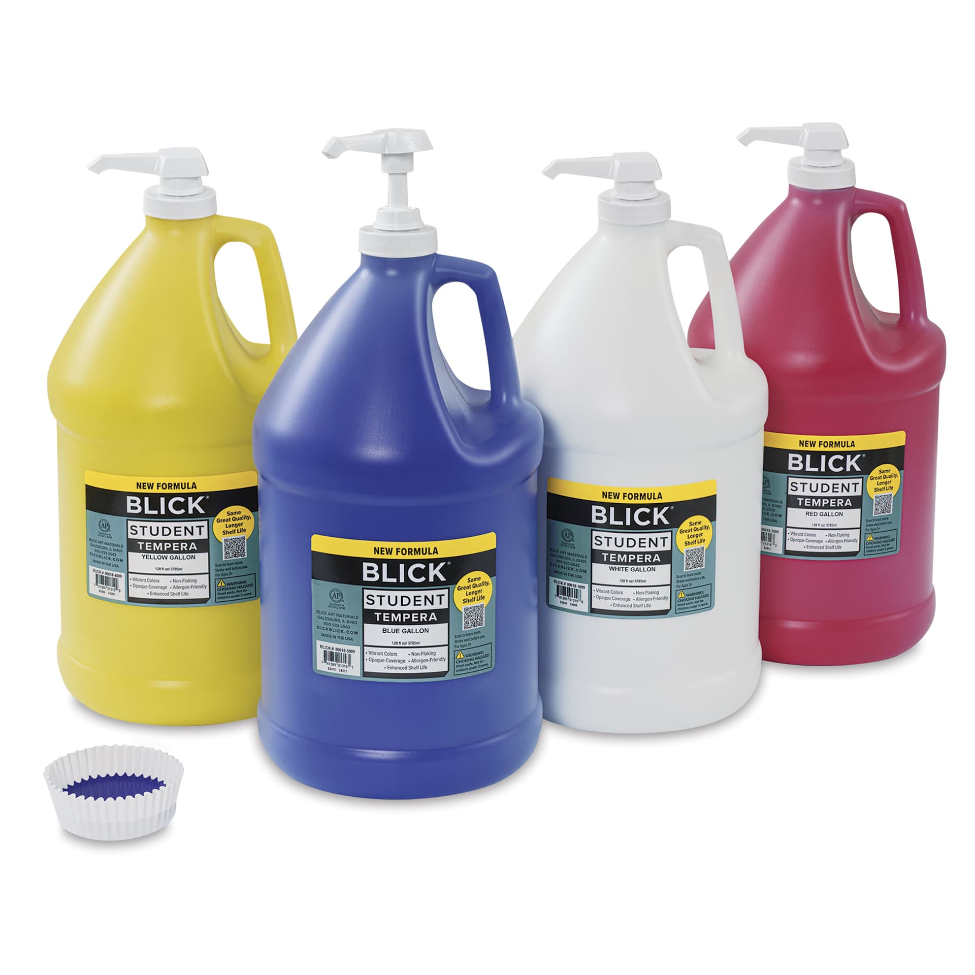 Blick Student Tempera Paints - Set of 4, Pump Kit, Basic Colors, Gallon, paint in cup with jugs in pumps