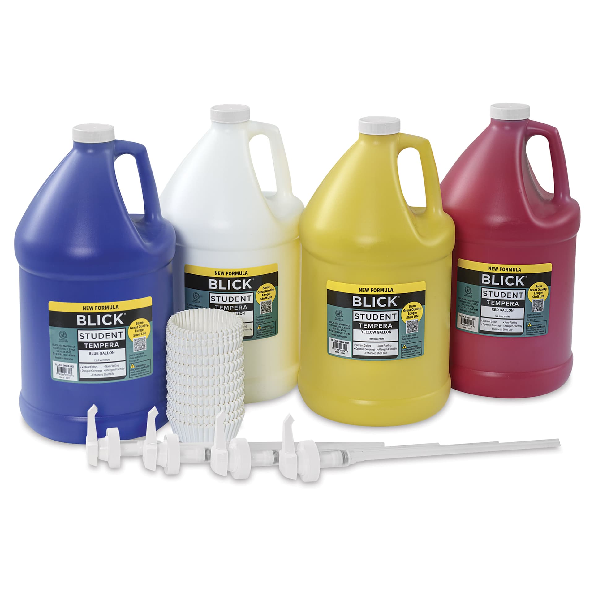 Blick Student Tempera Paints - Set of 4, Pump Kit, Basic Colors, Gallon, kit contents