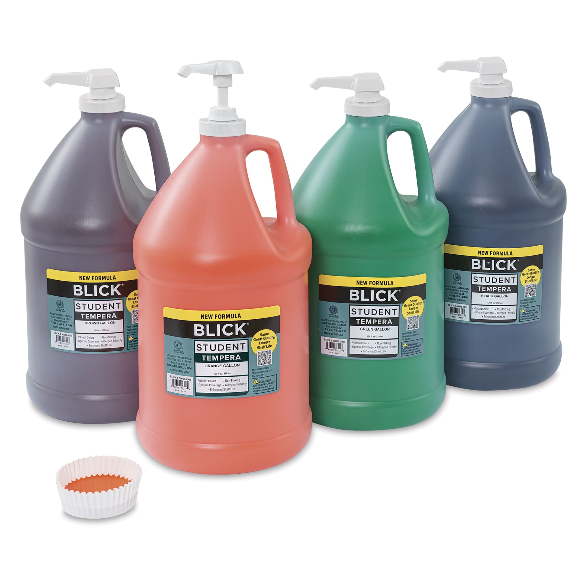 Blick Student Tempera Paints - Set of 4, Pump Kit, Secondary Colors, Gallon, gallon jugs with paint pumped into cup