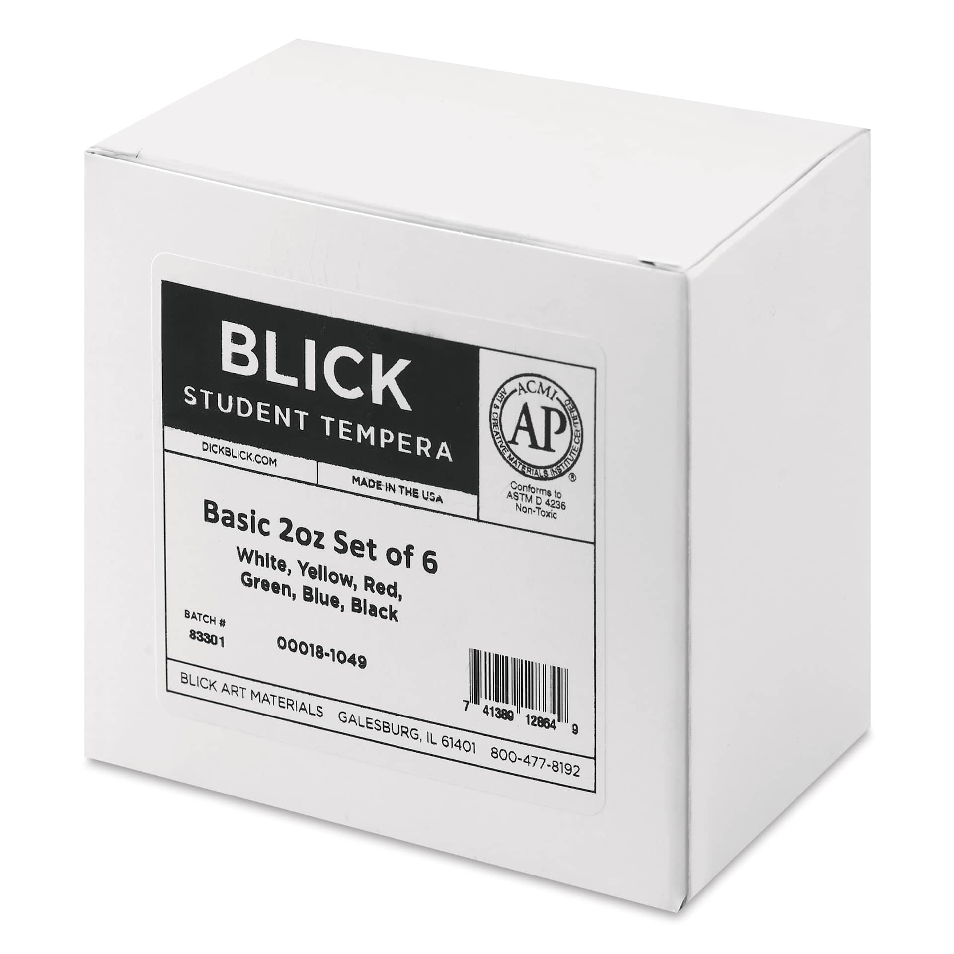 Blick Student Tempera Paints - Set of 6, Basic Colors, 2 oz, packaging