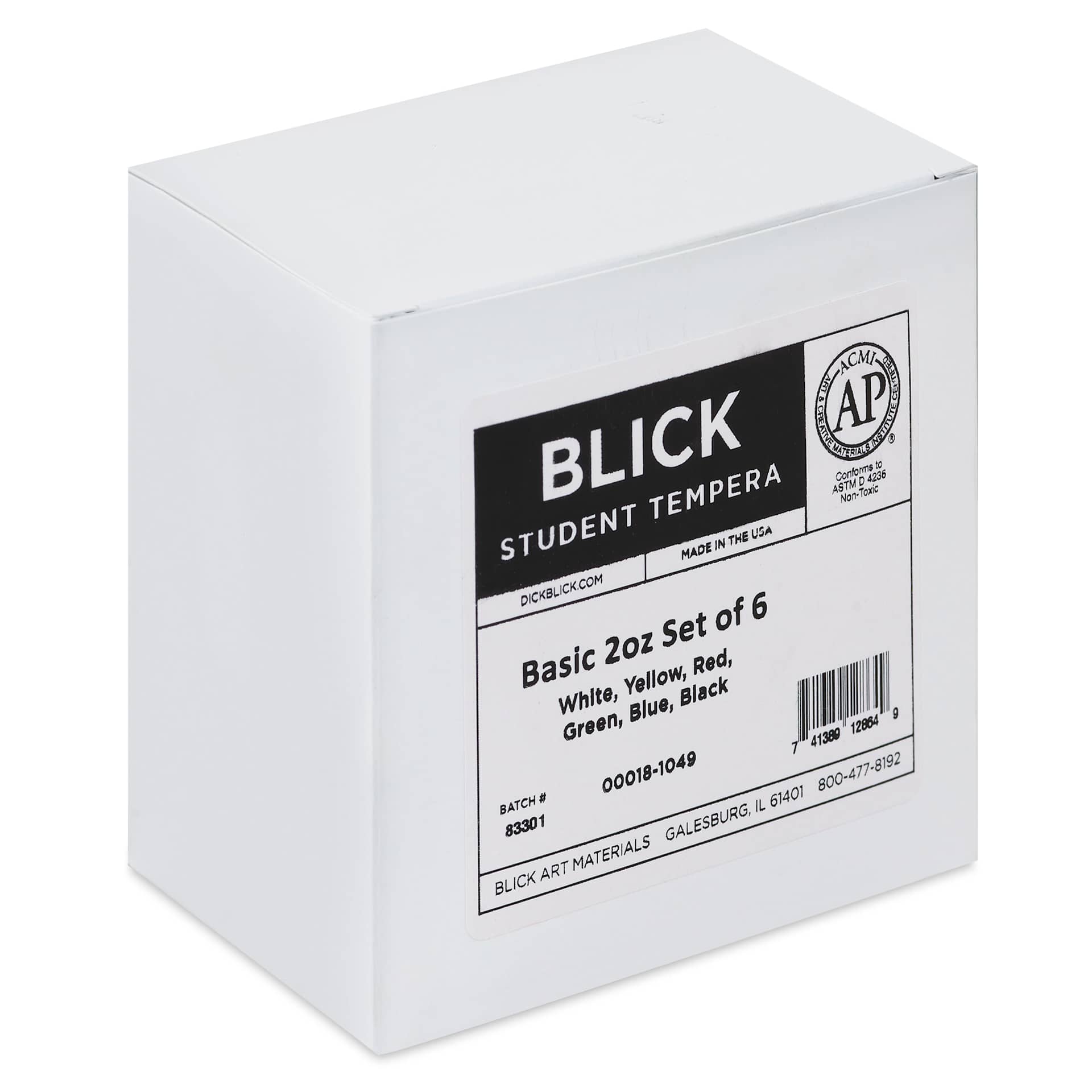 Blick Student Tempera Paints - Set of 6, Basic Colors, 2 oz, front of packaging