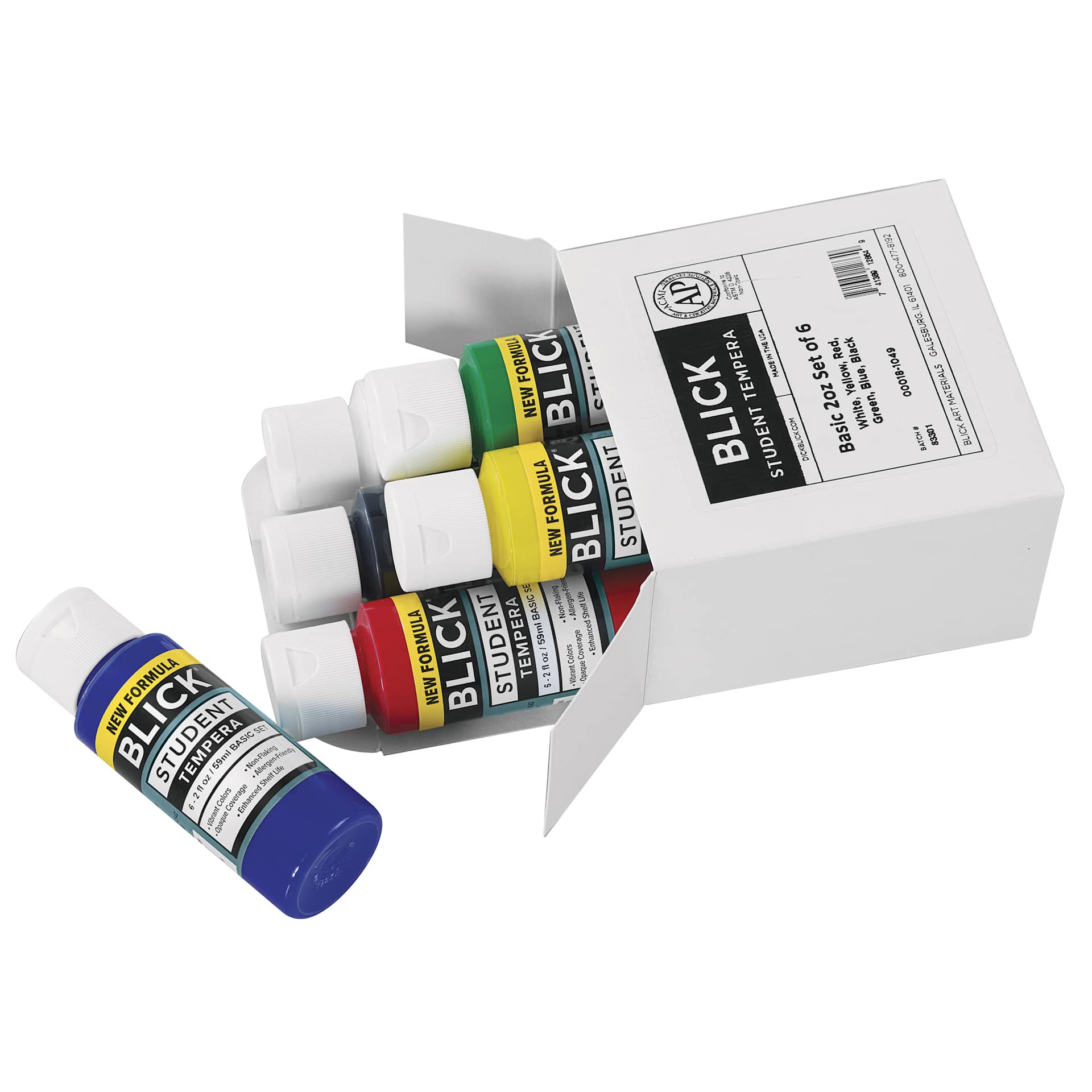 Blick Student Tempera Paints - Set of 6, Basic Colors, 2 oz, open packaging