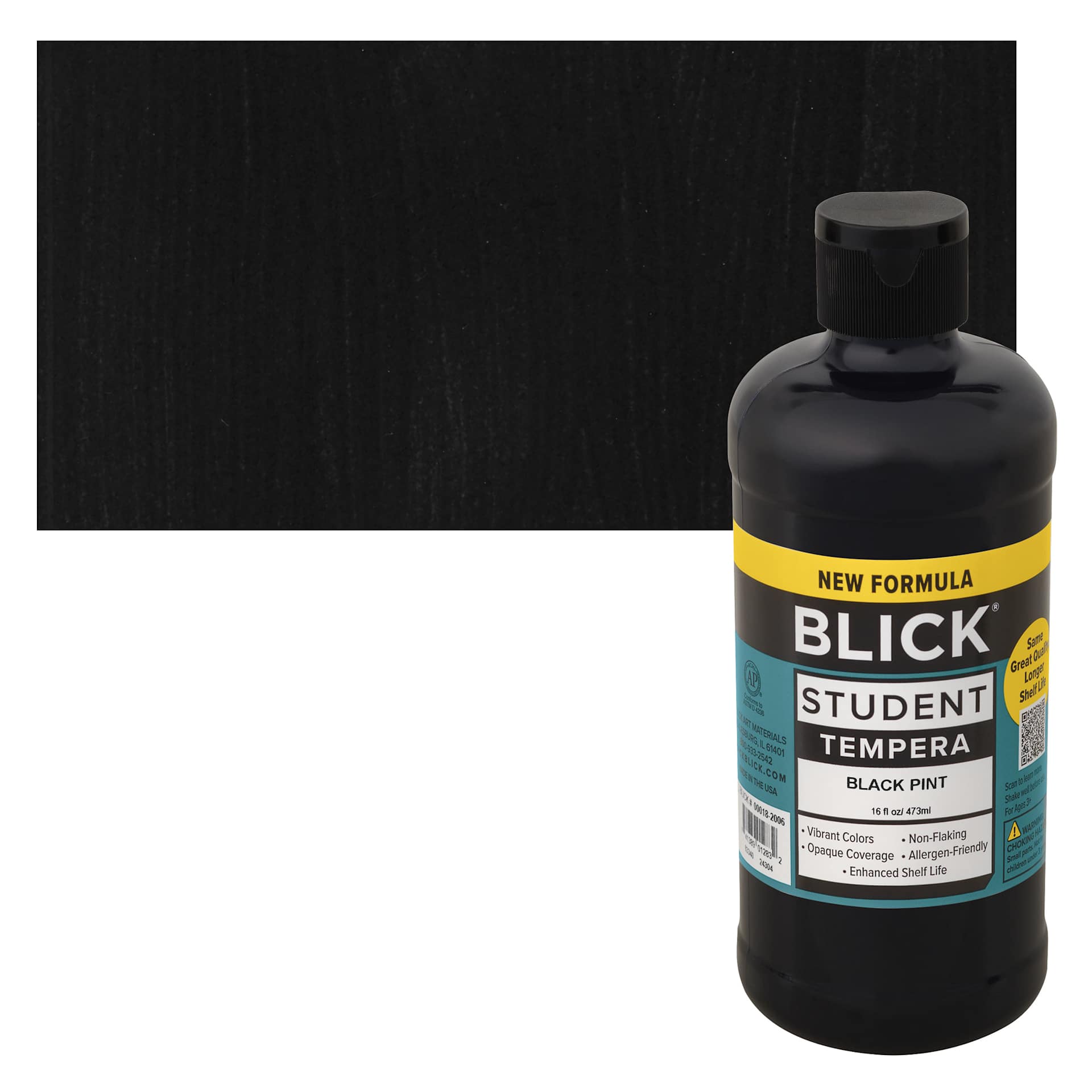 Blick Student Tempera Paint - Black, 16 oz bottle and swatch