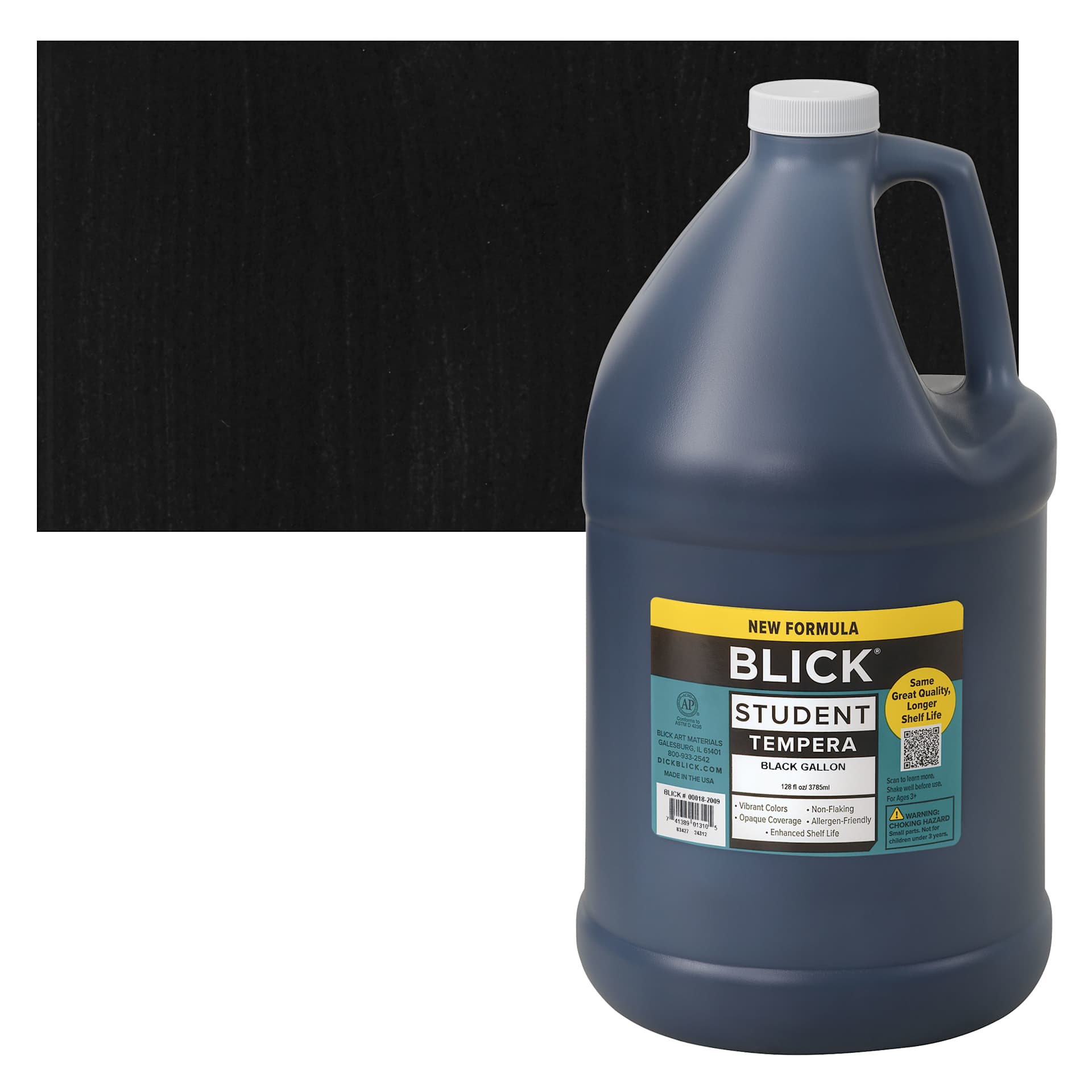 Blick Student Tempera Paint - Black, 128 oz bottle and swatch