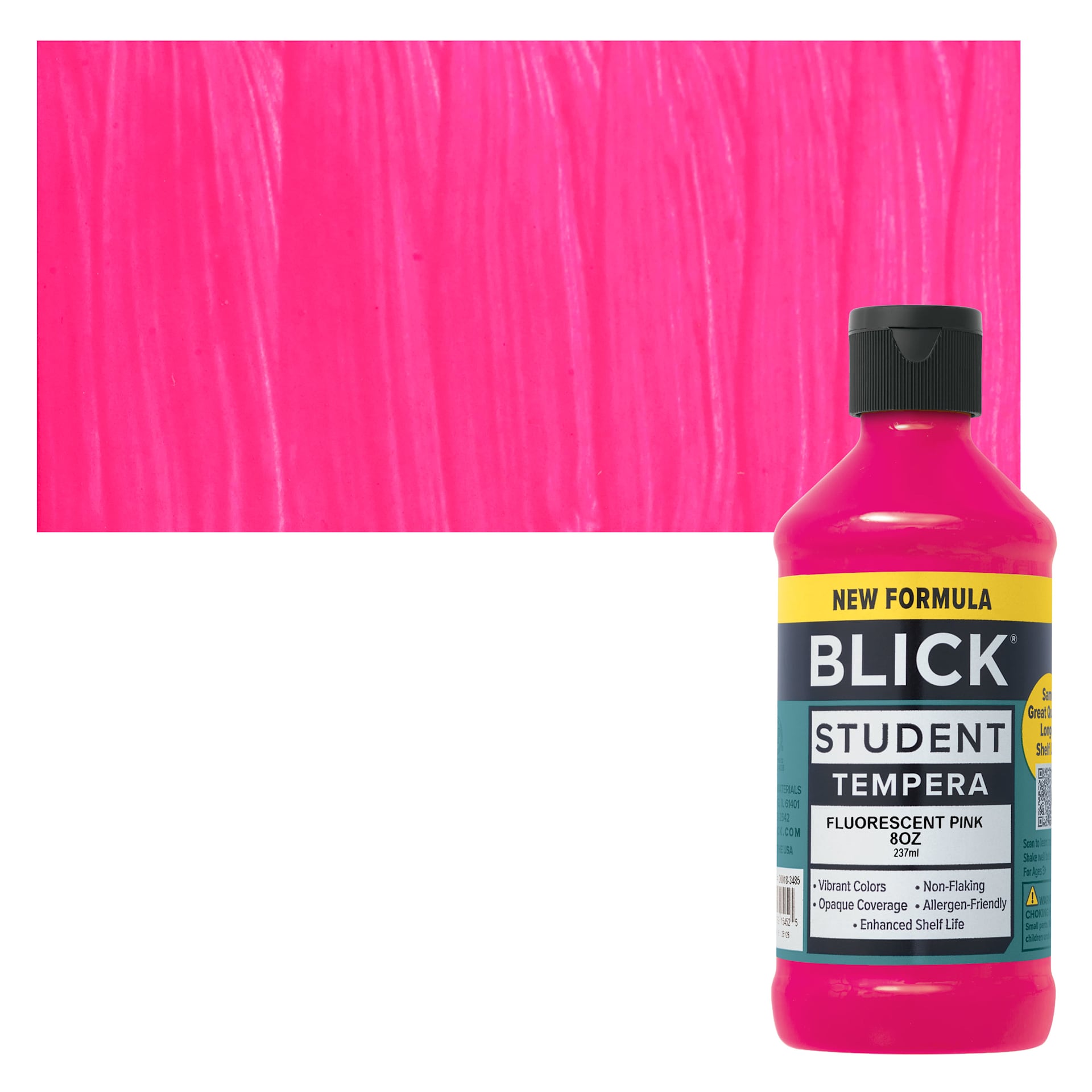 Blick Student Tempera Paint - Fluorescent Pink, 8 oz Bottle and swatch