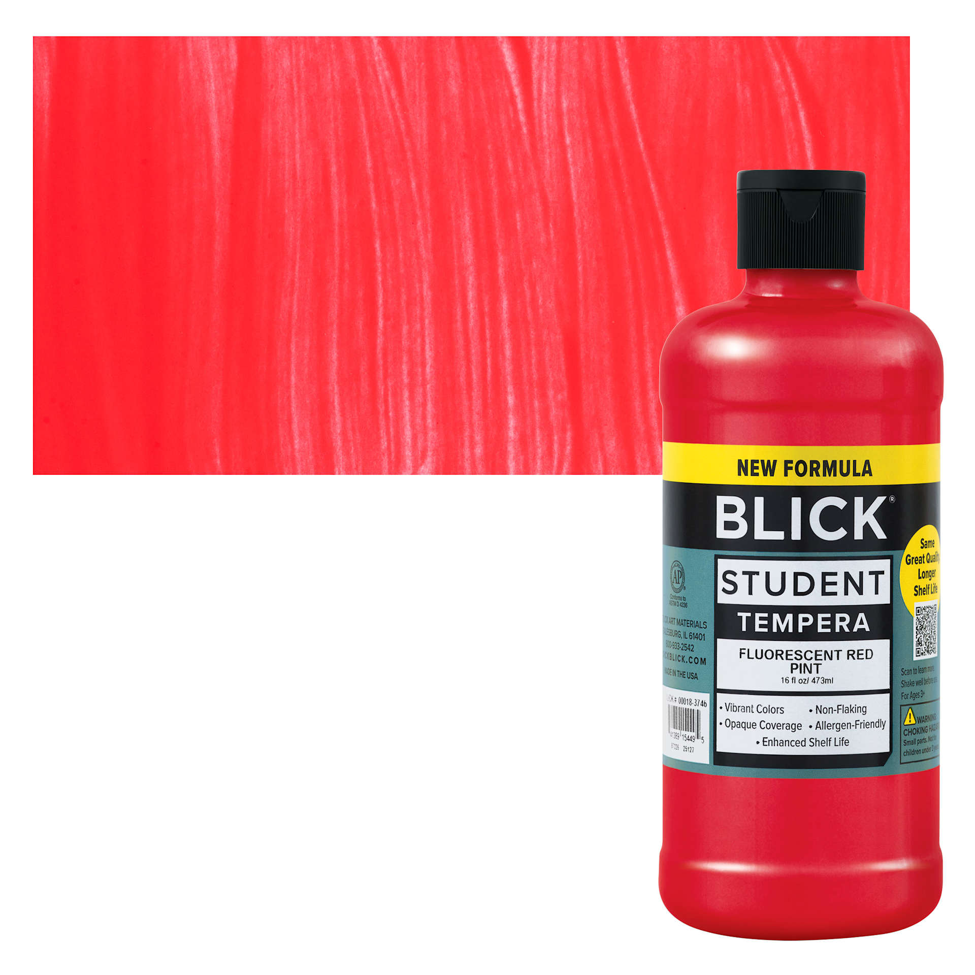 Blick Student Tempera Paint - Fluorescent Red, 16 oz Bottle and swatch
