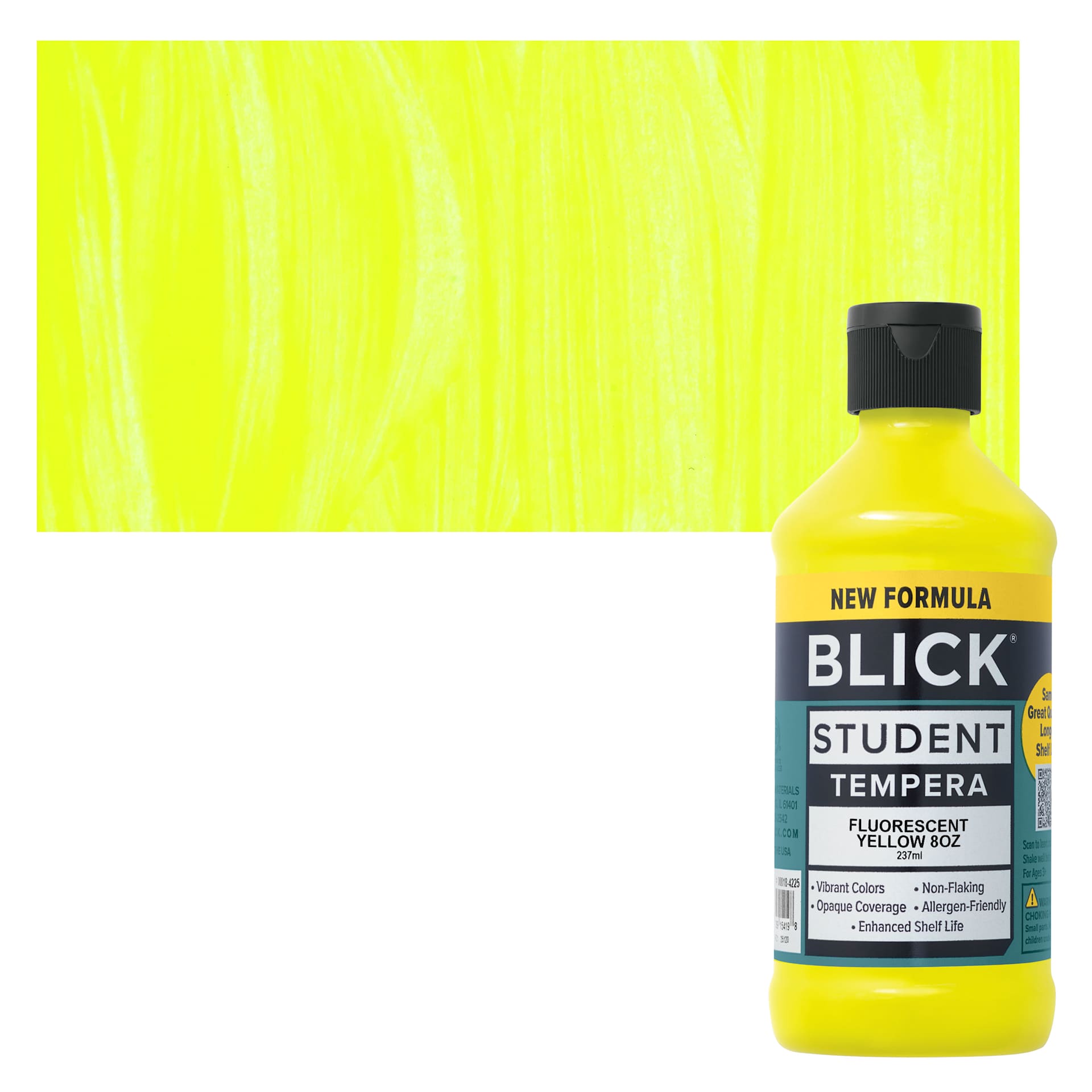 Blick Student Tempera Paint - Fluorescent Yellow, 8 oz Bottle and swatch