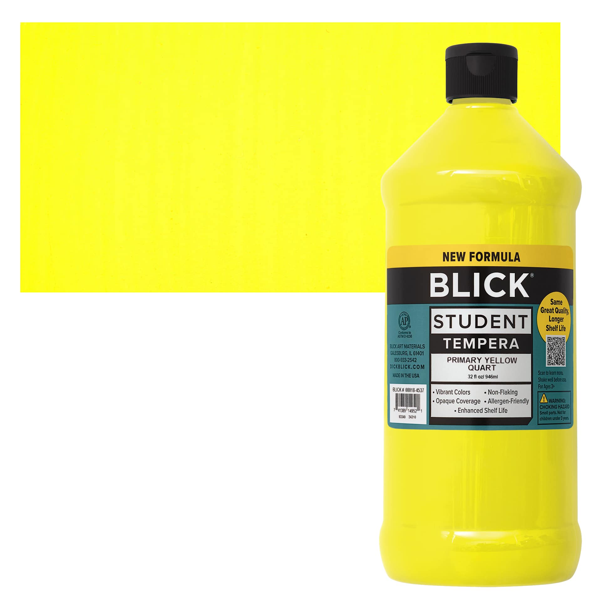 Blick Student Tempera Paint - Primary Yellow, 32 oz bottle and swatch