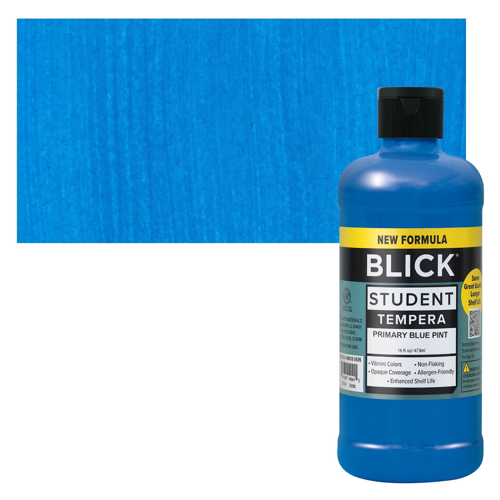 Blick Student Tempera Paint - Primary Blue, 16 oz bottle and swatch