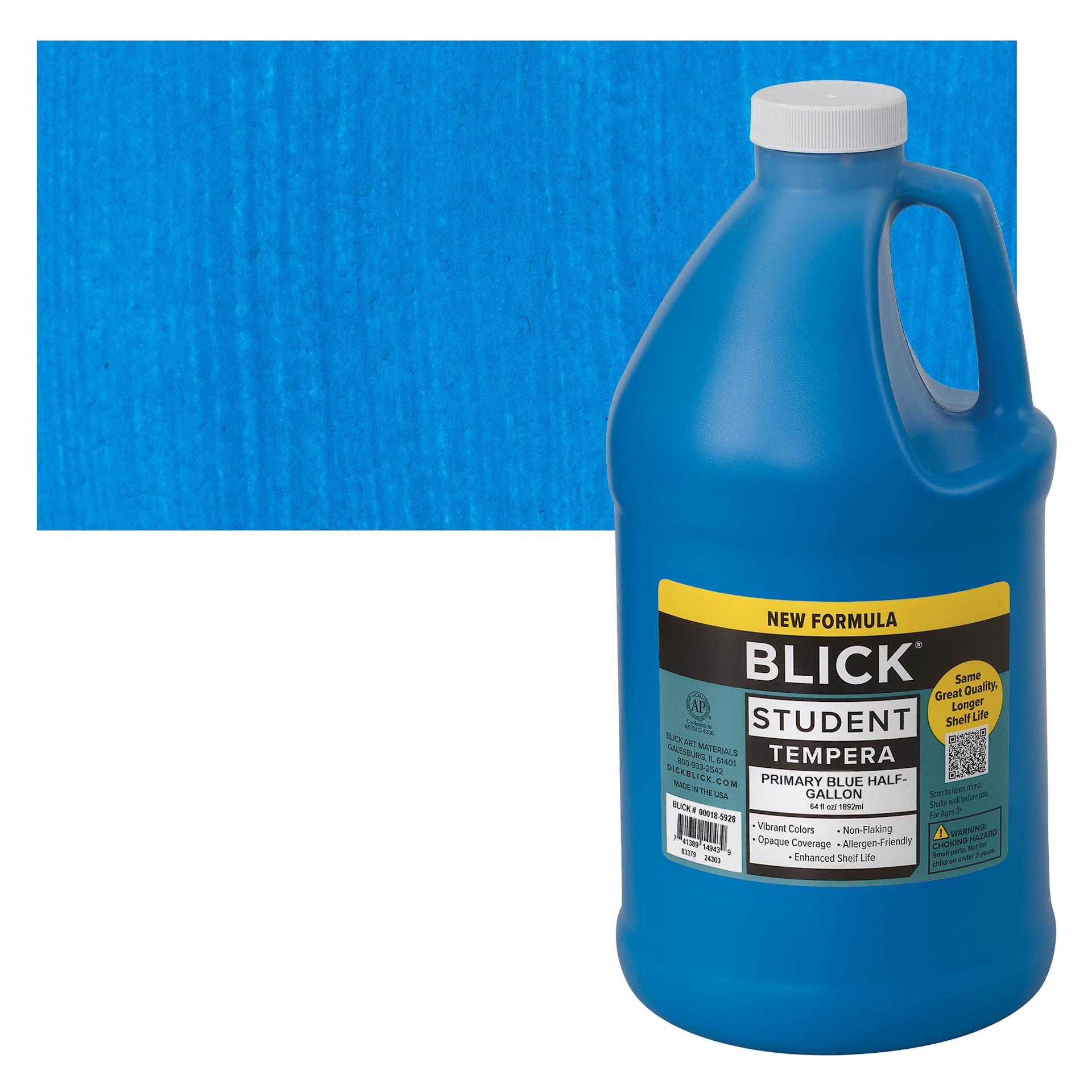 Blick Student Tempera Paint - Primary Blue, 64 oz bottle and swatch