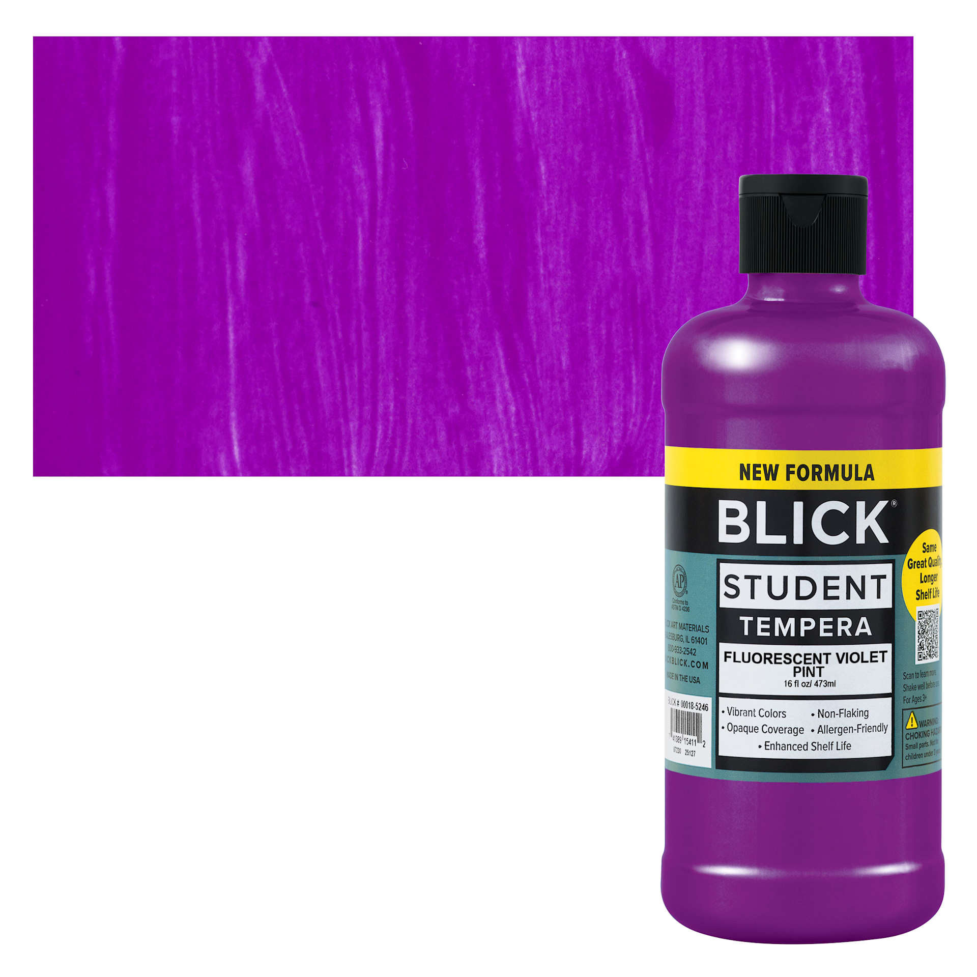 Blick Student Tempera Paint - Fluorescent Violet, 16 oz Bottle and swatch