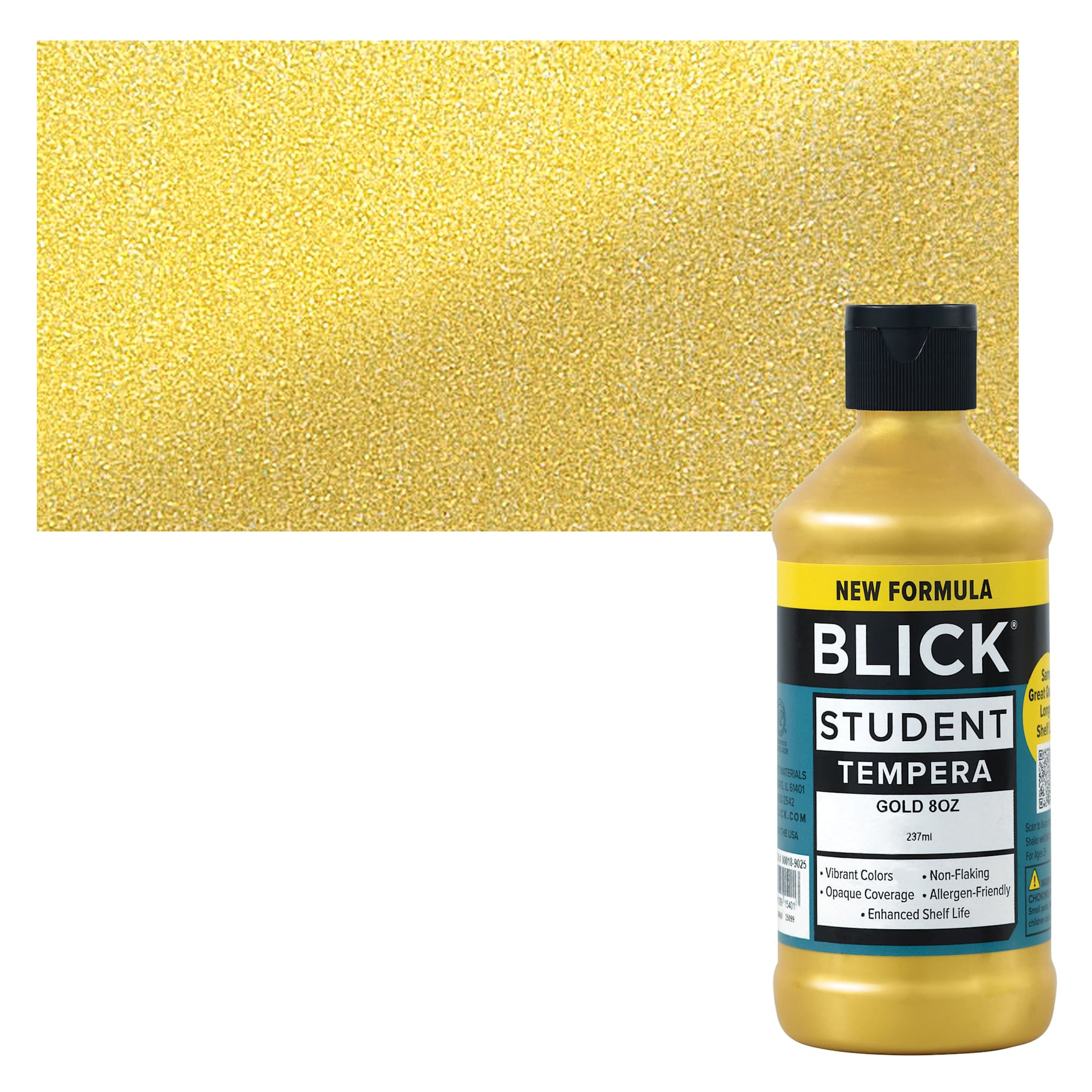 Blick Student Tempera Paint - Metallic Gold, 8 oz Bottle and swatch