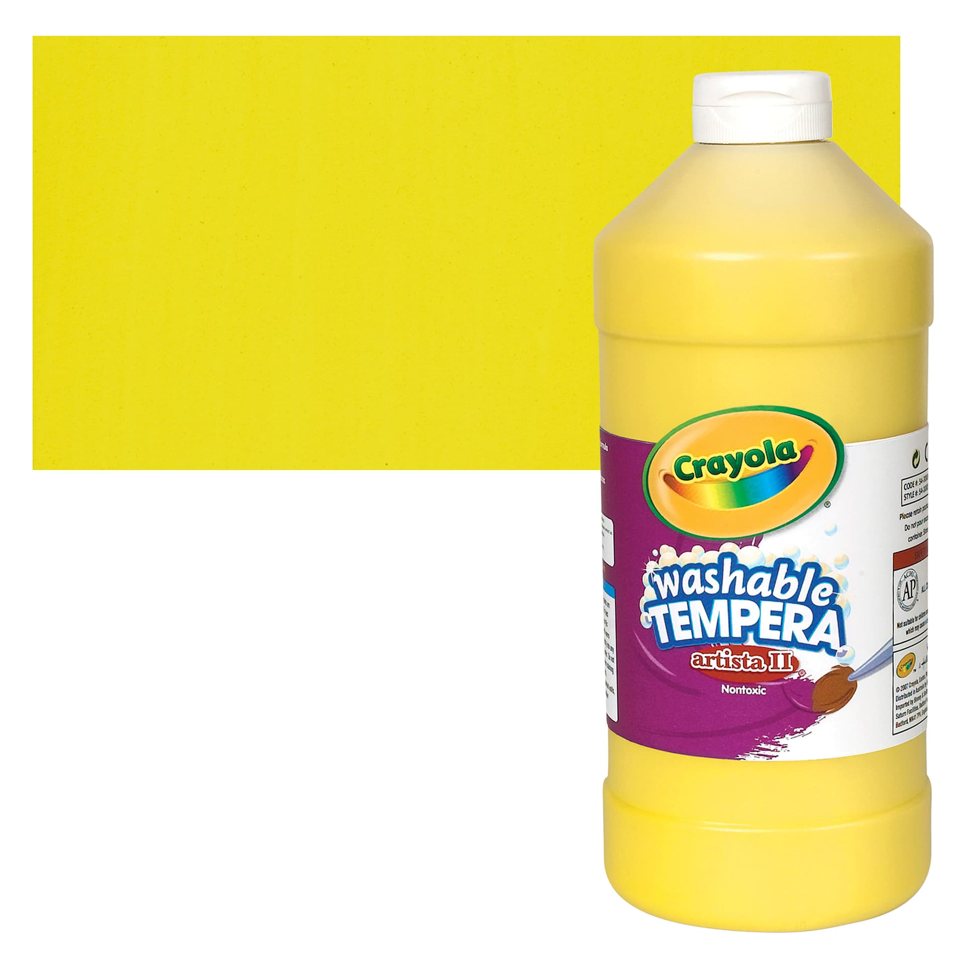 Crayola Artista II Liquid Washable Tempera - Yellow, 32 oz bottle and swatch