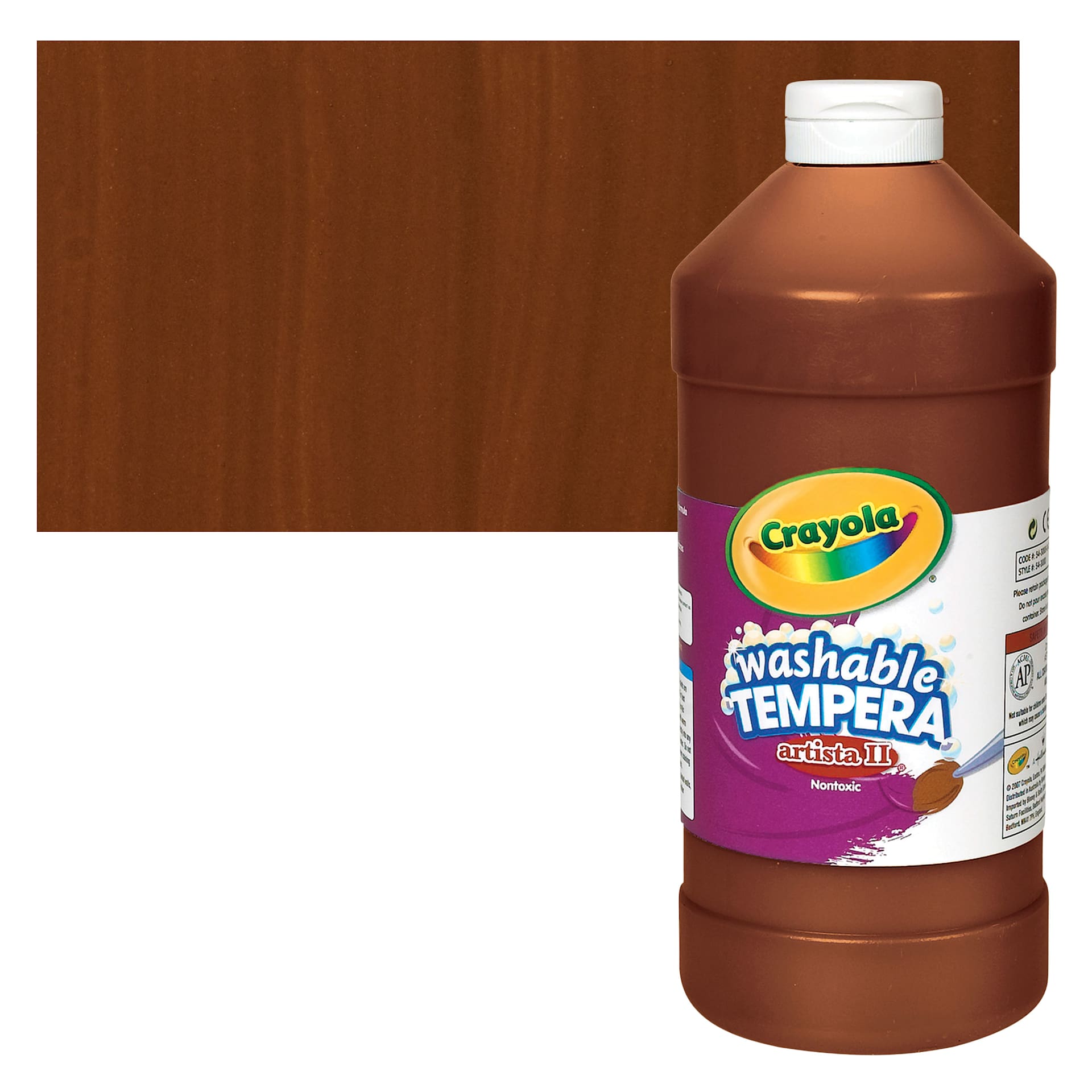 Crayola Artista II Liquid Washable Tempera - Brown, 32 oz bottle and swatch