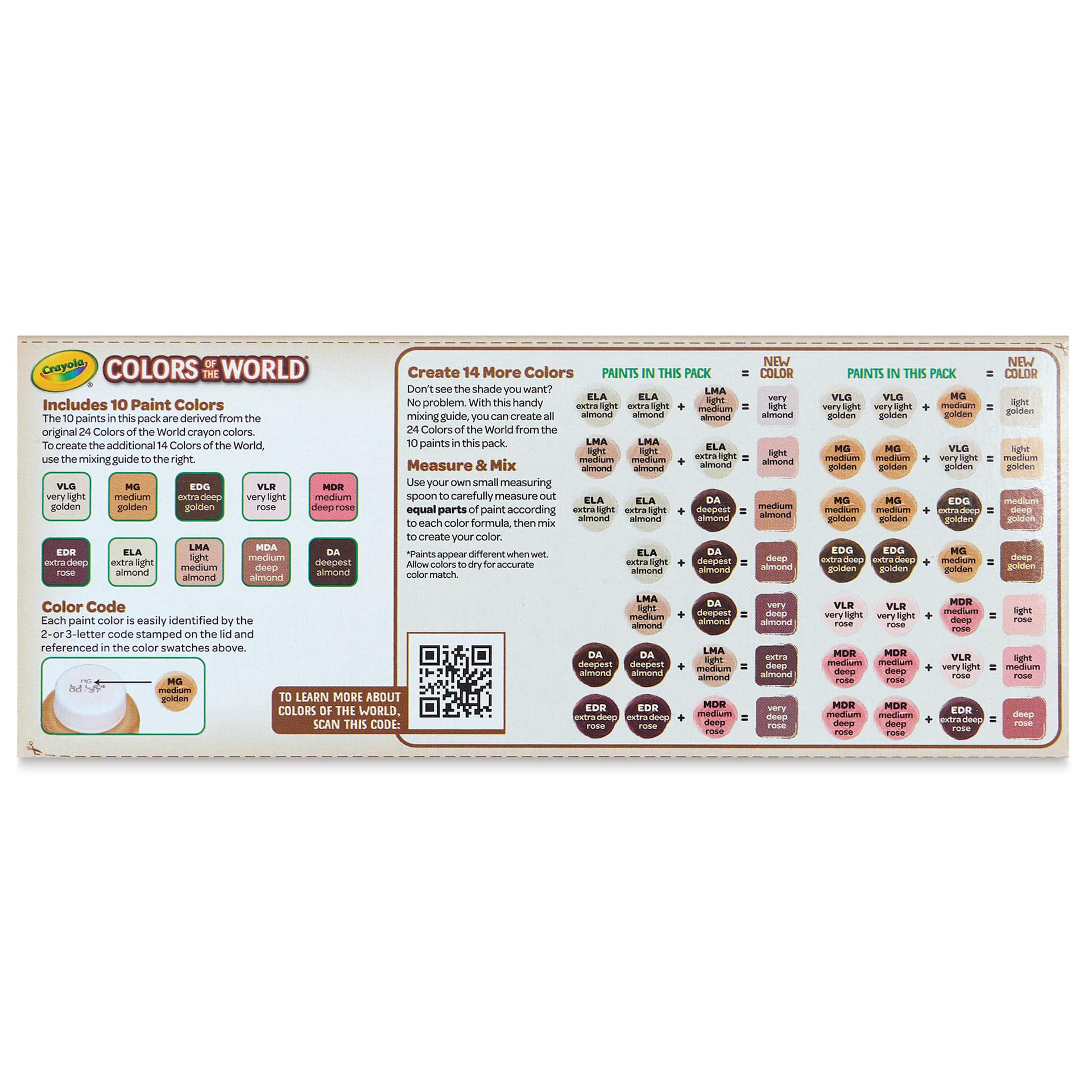 Crayola Colors of the World Washable Project Paint - Set of 10 colors, 2 oz Bottles back of packaging