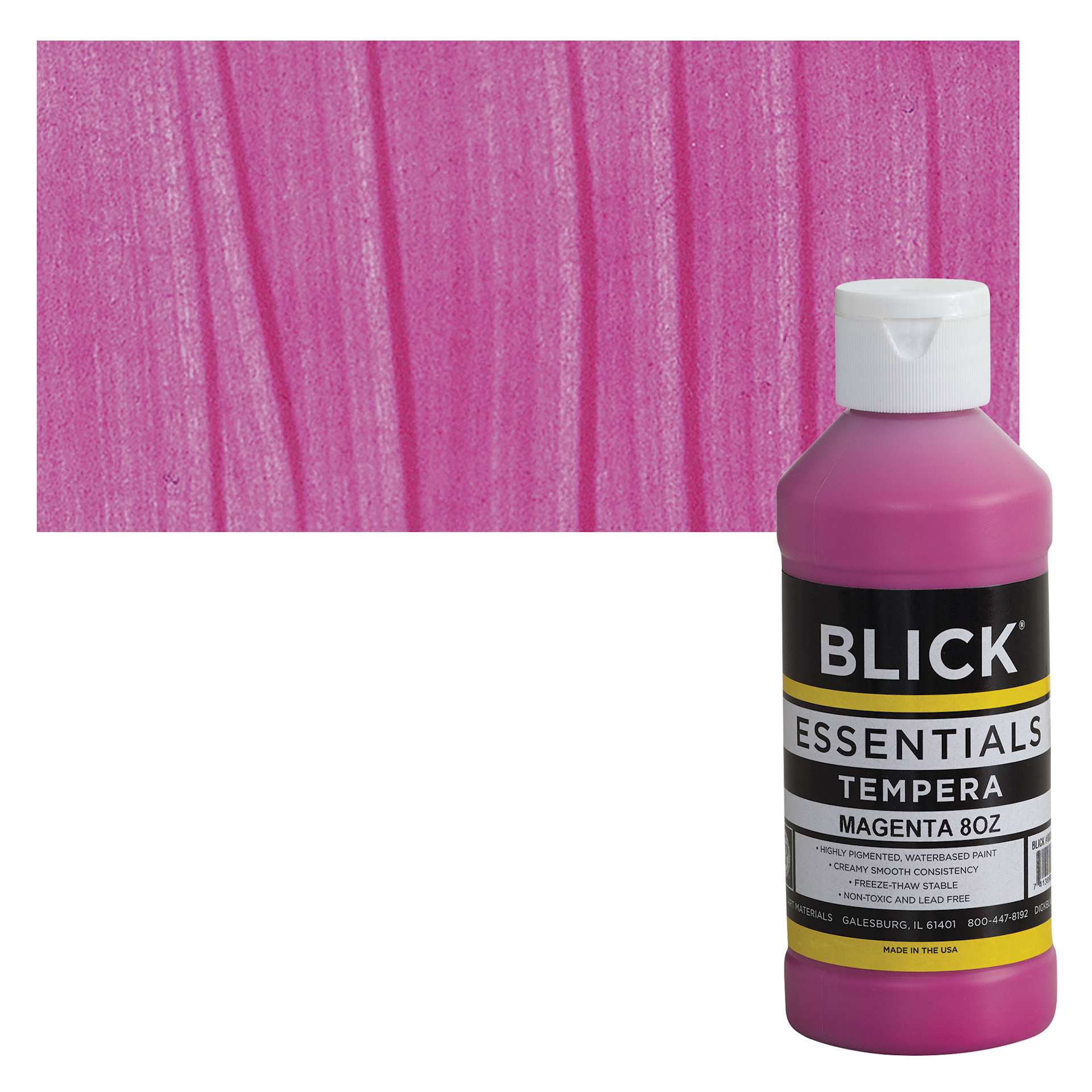 Blick Essentials Tempera - Magenta, 8 oz bottle and swatch