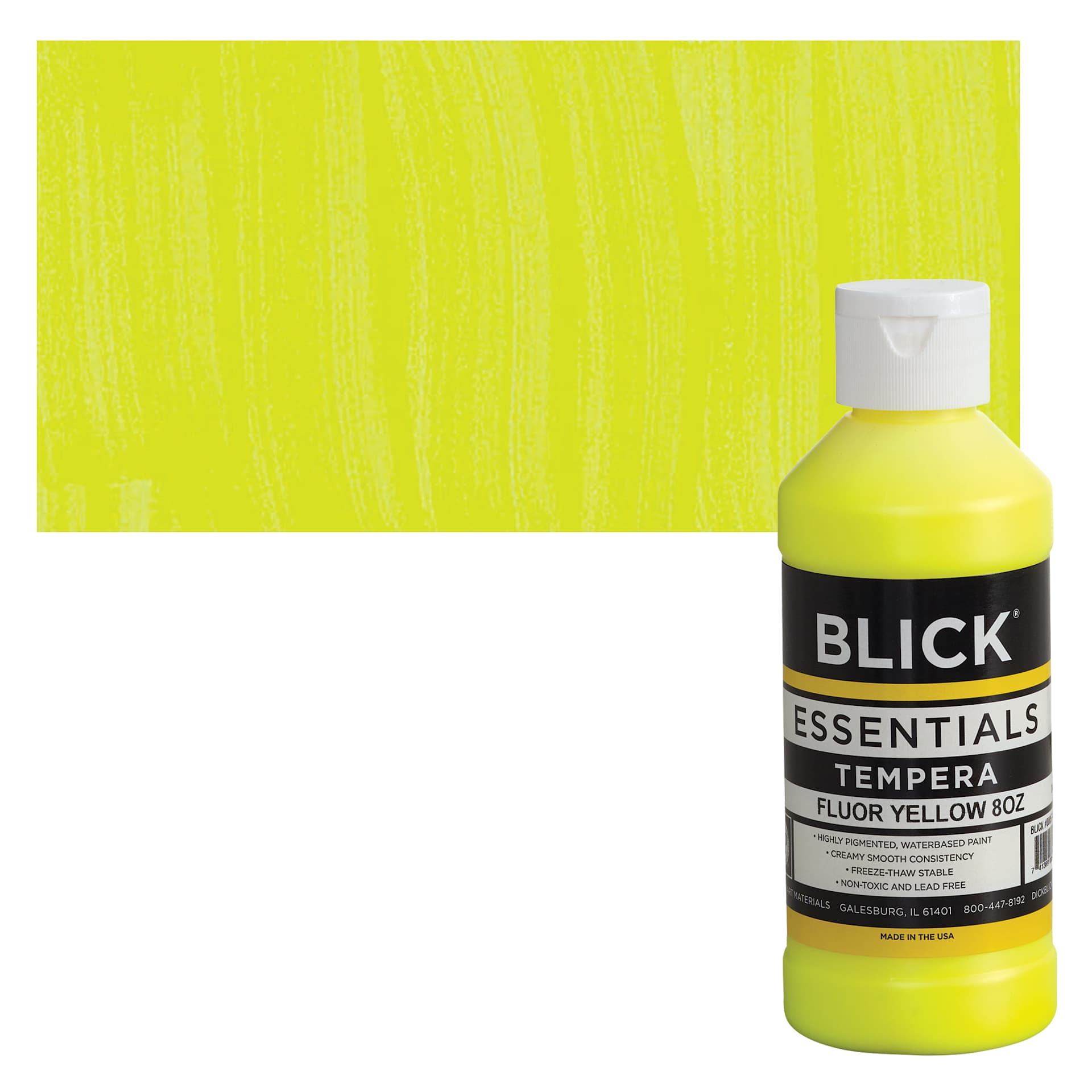 Blick Essentials Tempera - Fluorescent Yellow, 8 oz bottle and swatch