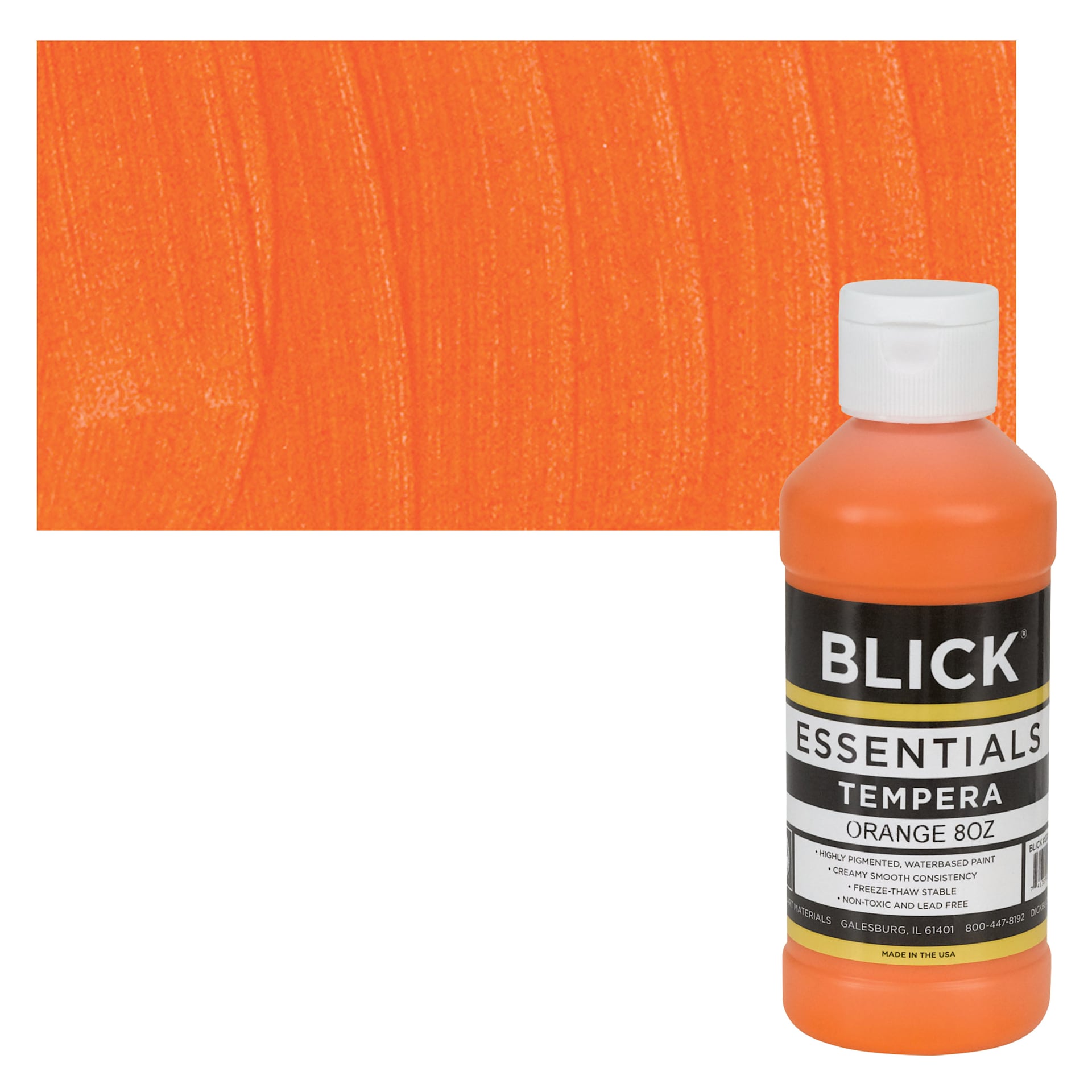 Blick Essentials Tempera - Orange, 8 oz bottle and swatch