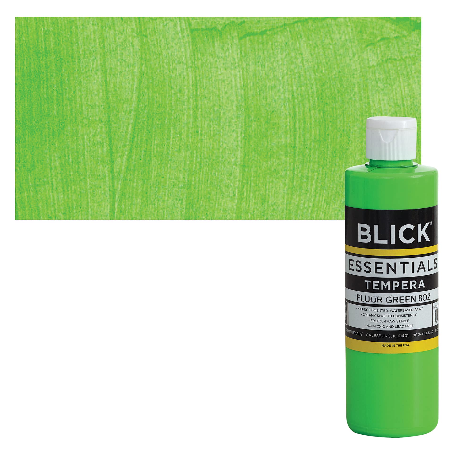Blick Essentials Tempera - Fluorescent Green, 8 oz bottle and swatch