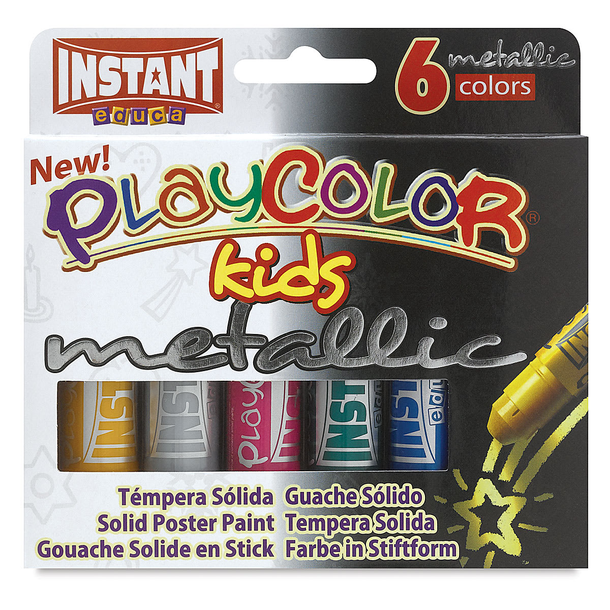 Playcolor Tempera Paint Stick Sets - Front of 6 pc Pocket Size Metallic Markers package