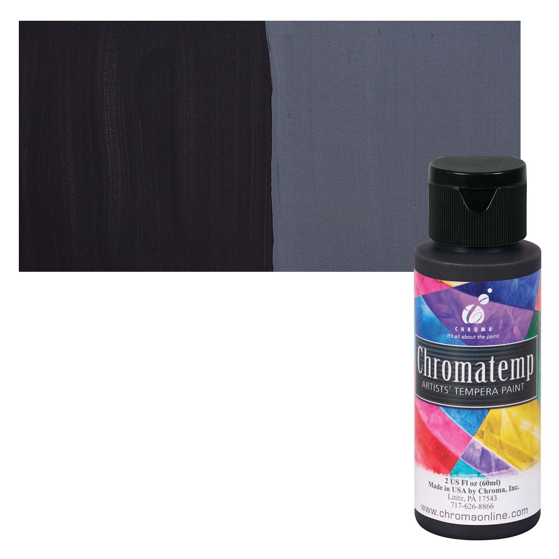 Chroma Chromatemp Artists' Tempera Paint - Black, 2 oz bottle and swatch