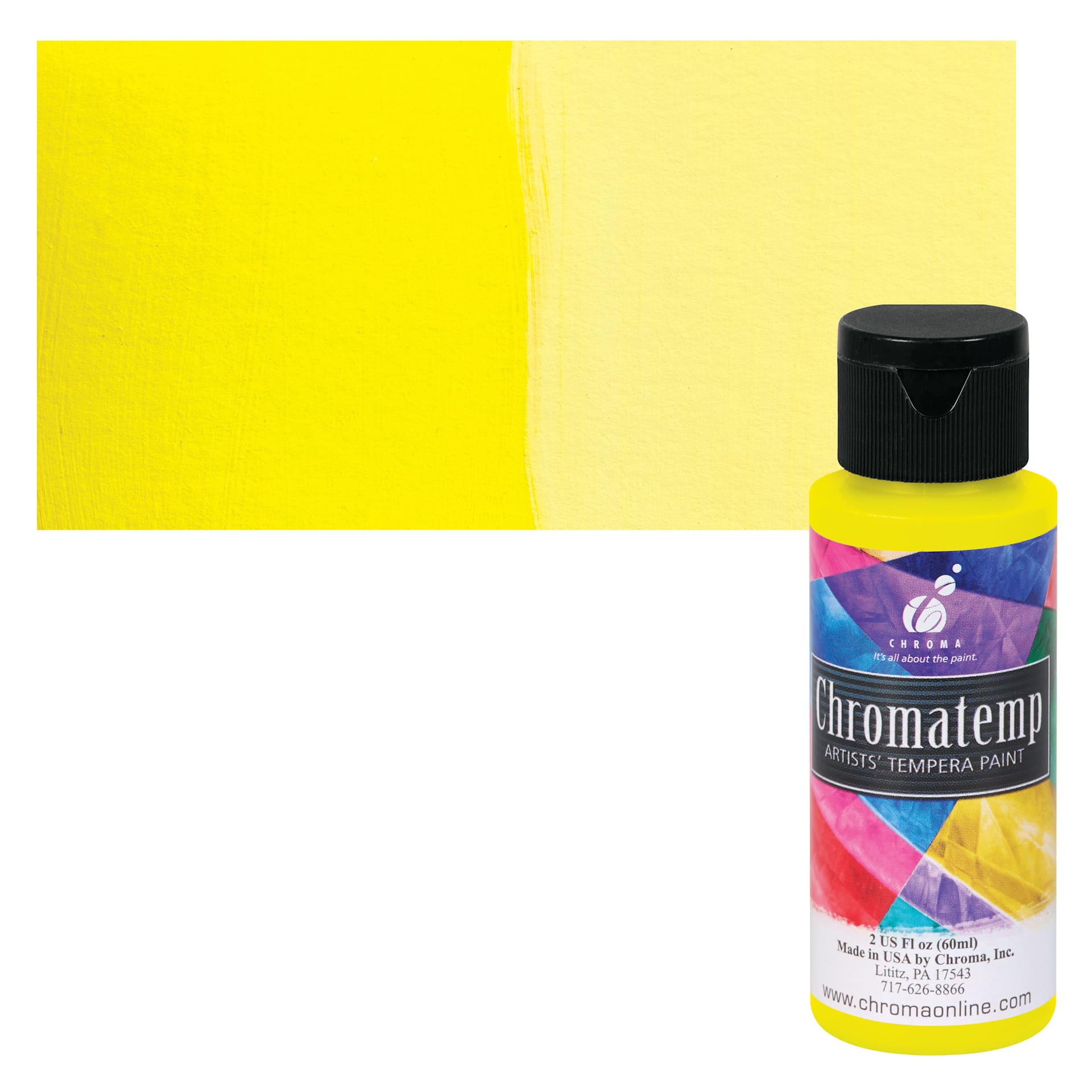 Chroma Chromatemp Artists' Tempera Paint - Yellow, 2 oz bottle and swatch
