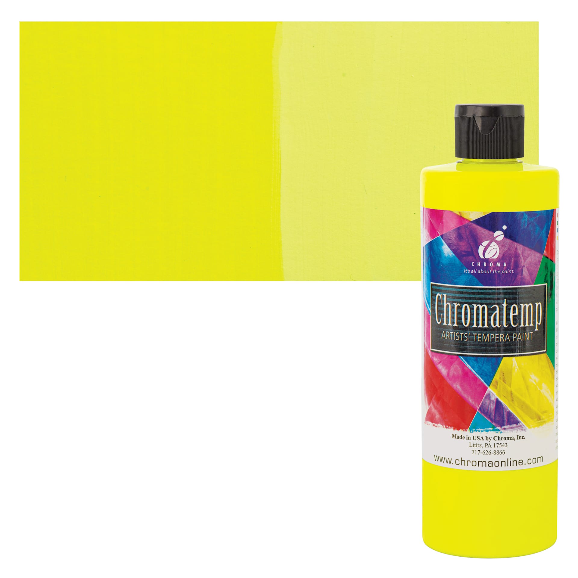 Chroma Chromatemp Artists' Tempera Paint - Fluorescent Yellow, Pint and swatch