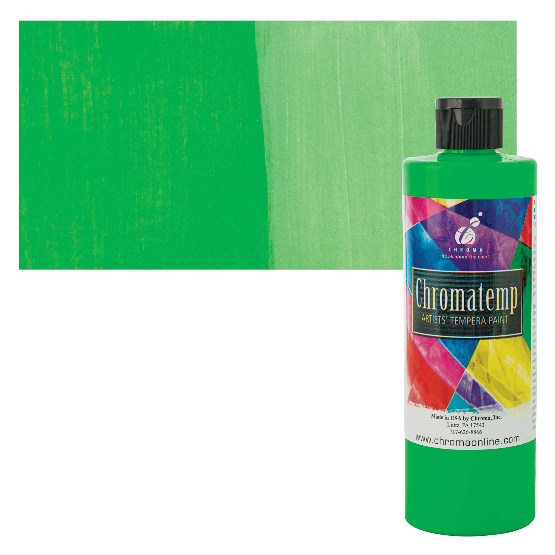 Chroma Chromatemp Artists' Tempera Paint - Fluorescent Green, Pint and swatch