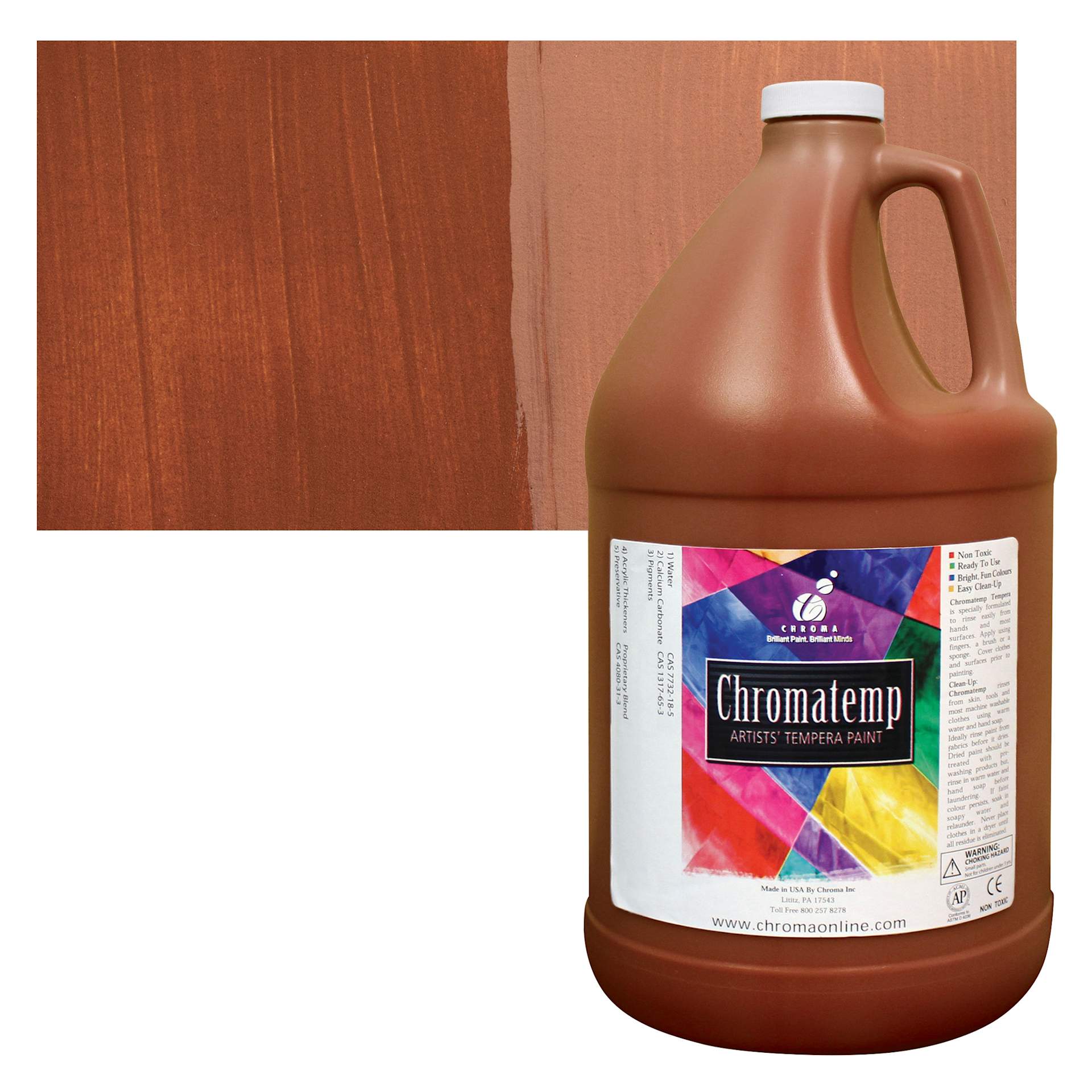 Chroma Chromatemp Artists' Tempera Paint - Brown, 128 oz bottle and swatch