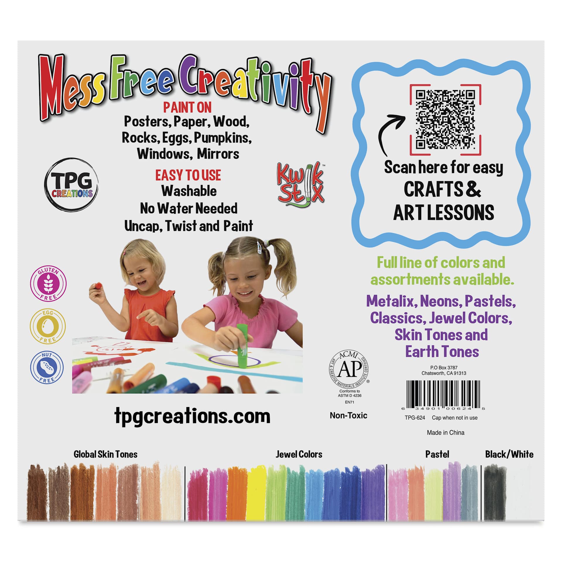 Kwik Stix Tempera Paint - Set of 24, Assorted and Global Skin Tones back of package