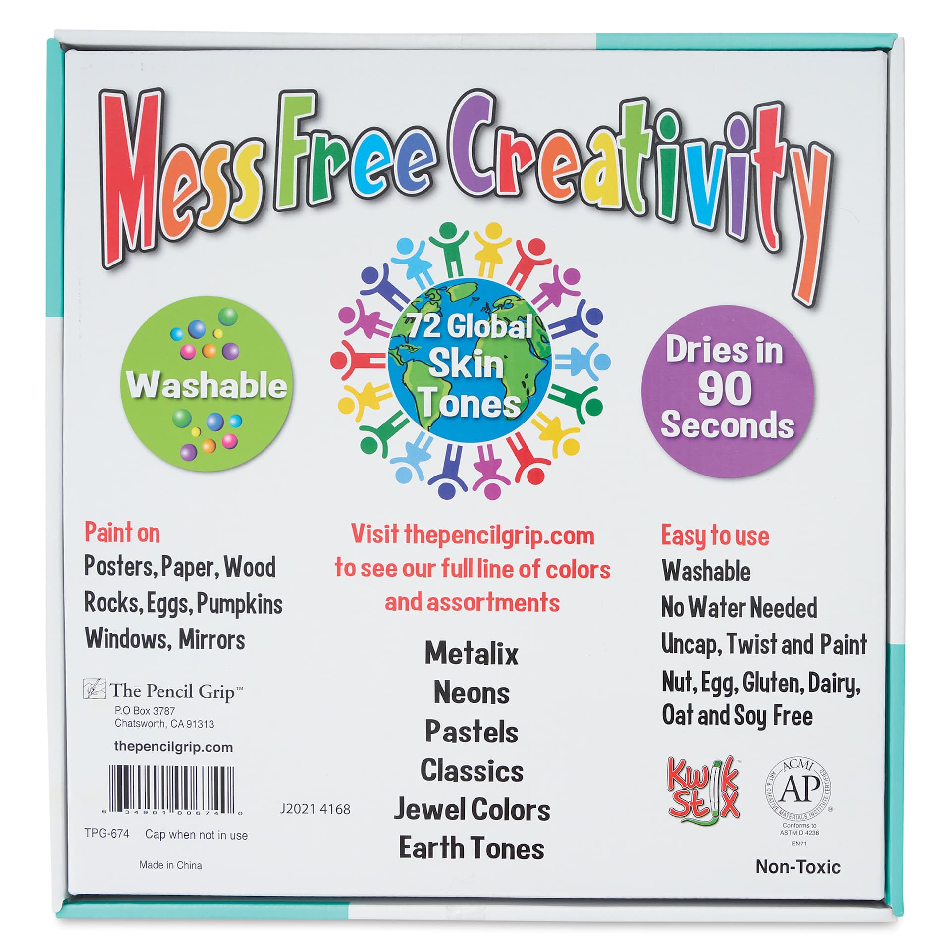 Kwik Stix Tempera Paint - Global Skin Tone Colors, Classpack Set of 72 (Back of package)