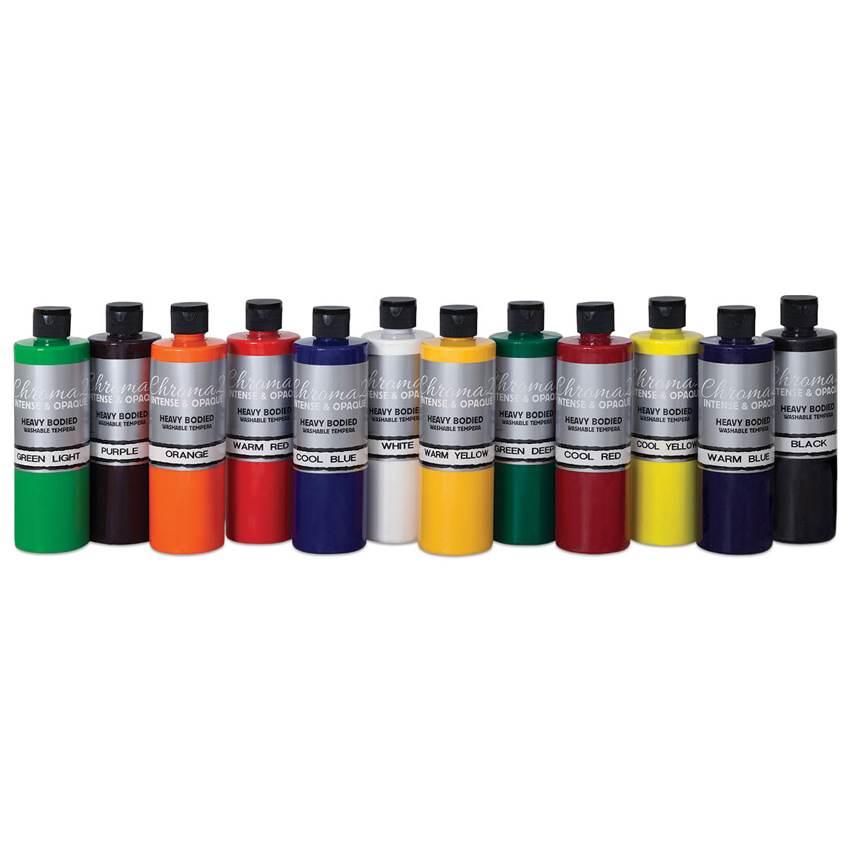 Chroma 2 Washable Tempera Paint - 12 pc Assorted Color set of 16 oz bottles in row