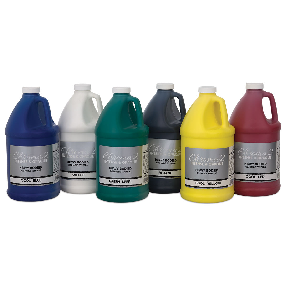 Chroma 2 Washable Tempera Paint - Set of 6 Half Gallon jugs of Cool colors in row