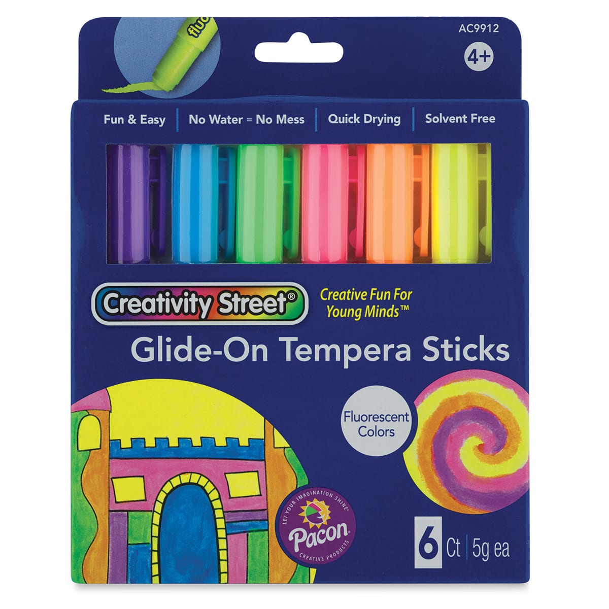 Creativity Street Glide-On Tempera Stick Sets - Front of 6 pc package of Fluorescent colors 