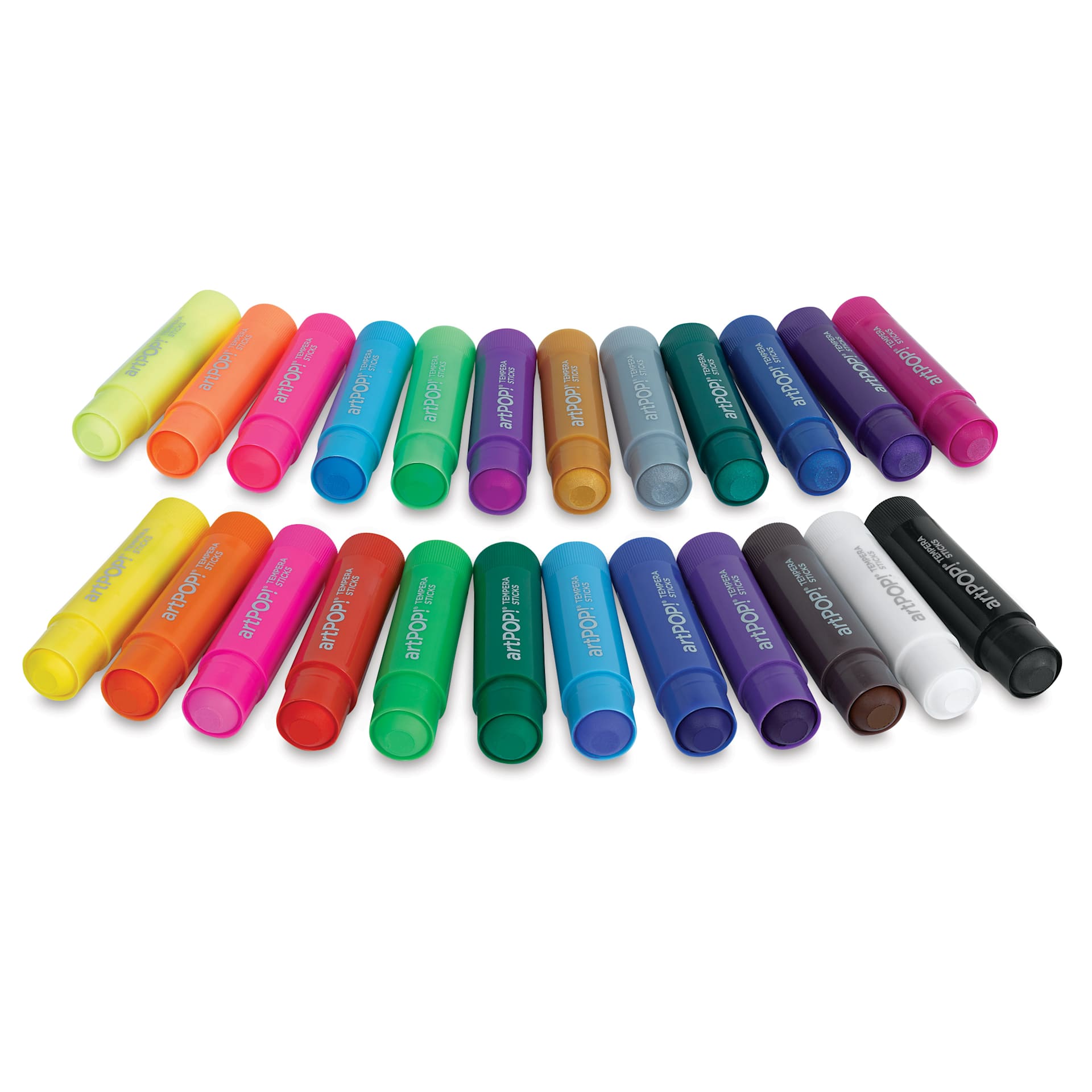 artPOP! Washable Tempera Paint Stick Set - Set of 24, Classic, Neon, and Metallic Colors, contents fanned out