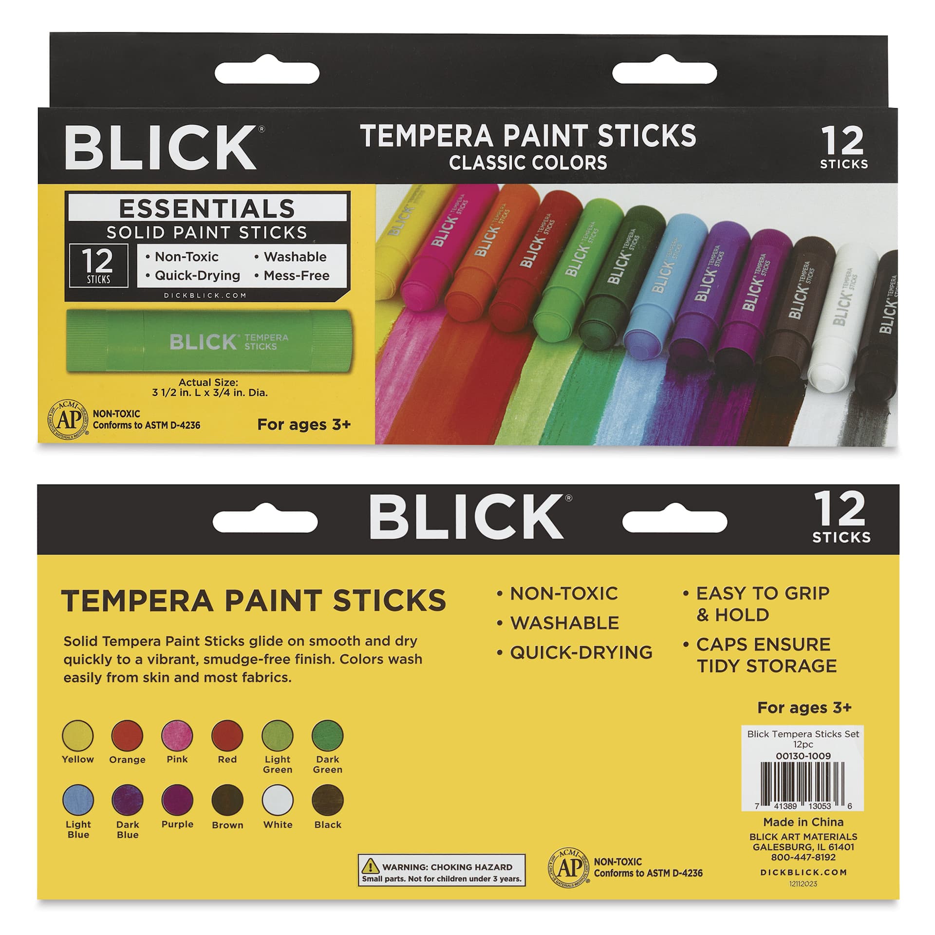 Blick Essentials Tempera Paint Sticks - Set of 12, front and back of packaging