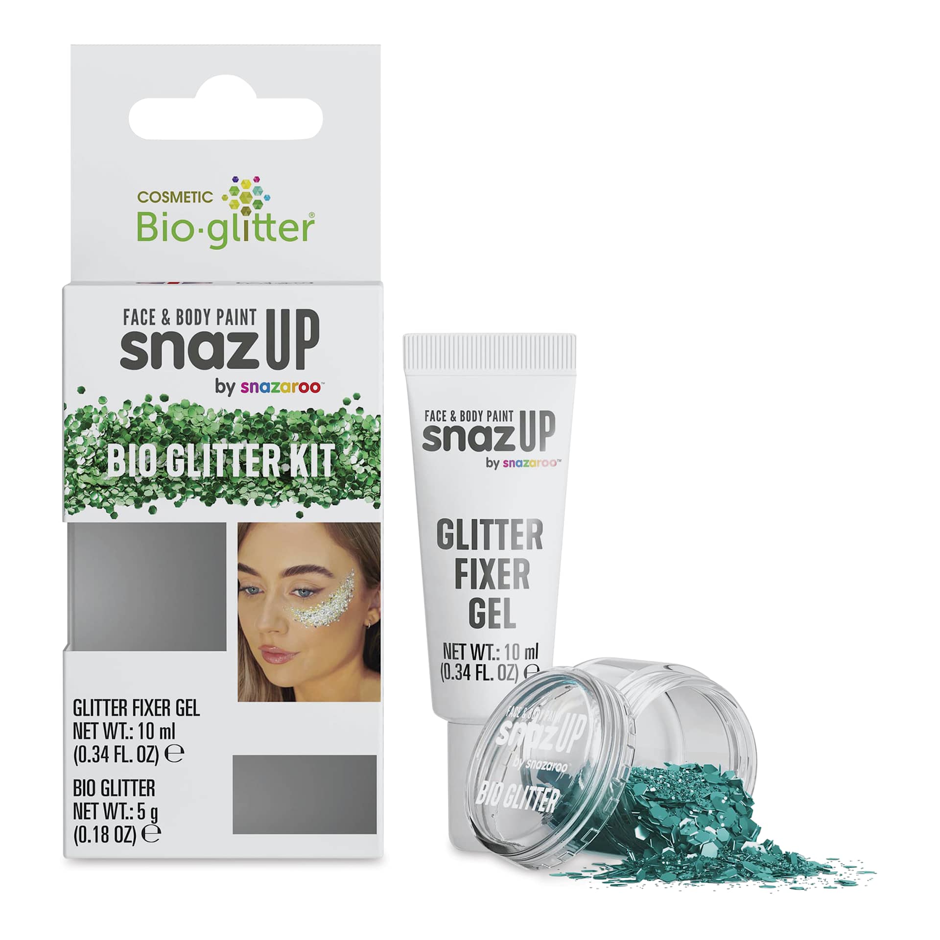 Snazaroo Bio Glitter Kit - Turquoise (Glitter and Fixer Gel next to kit)