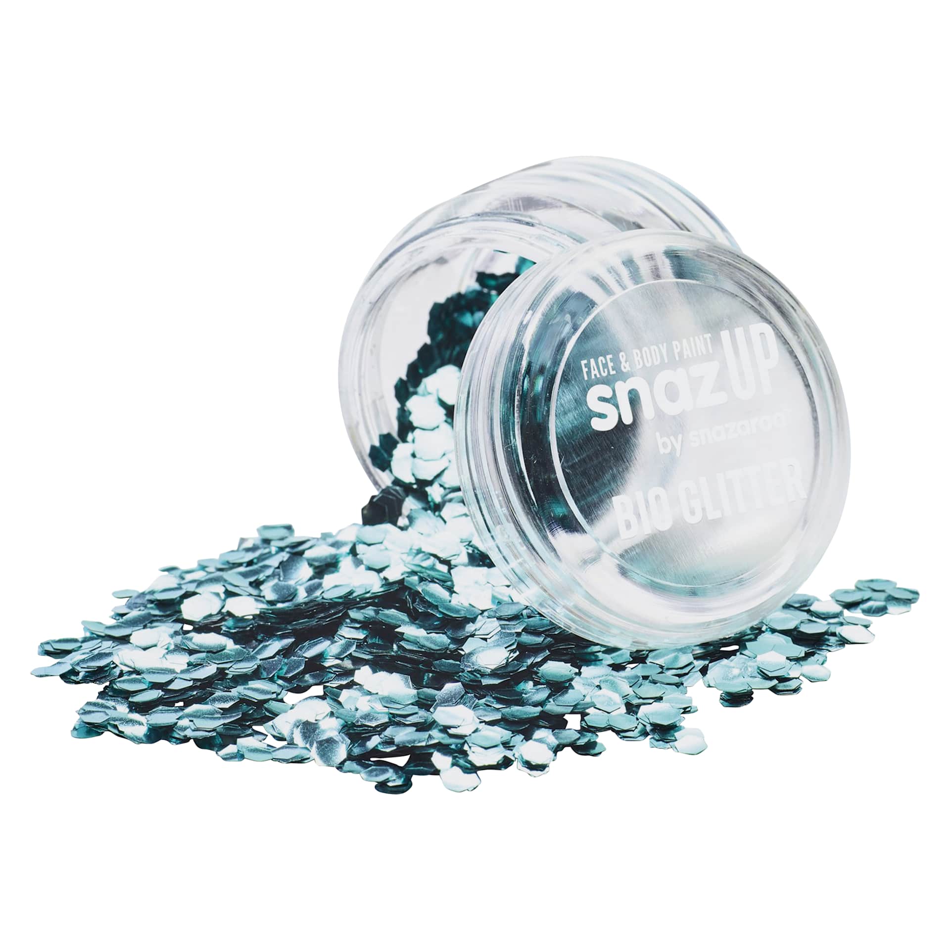 Snazaroo Face & Body Bio Glitter - Sky Blue, Chunky, 3 g (Glitter spilling out of jar)