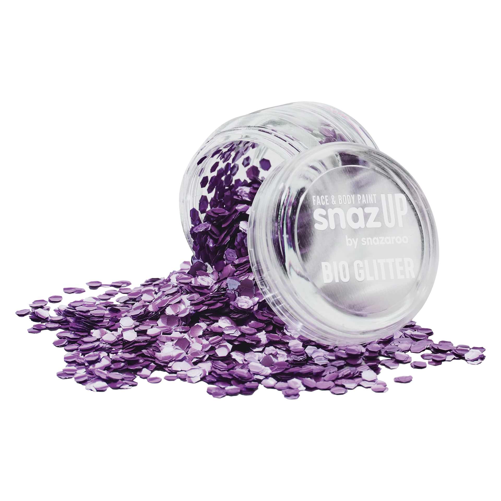 Snazaroo Face & Body Bio Glitter - Violet, Chunky, 3 g (Glitter spilling out of jar)
