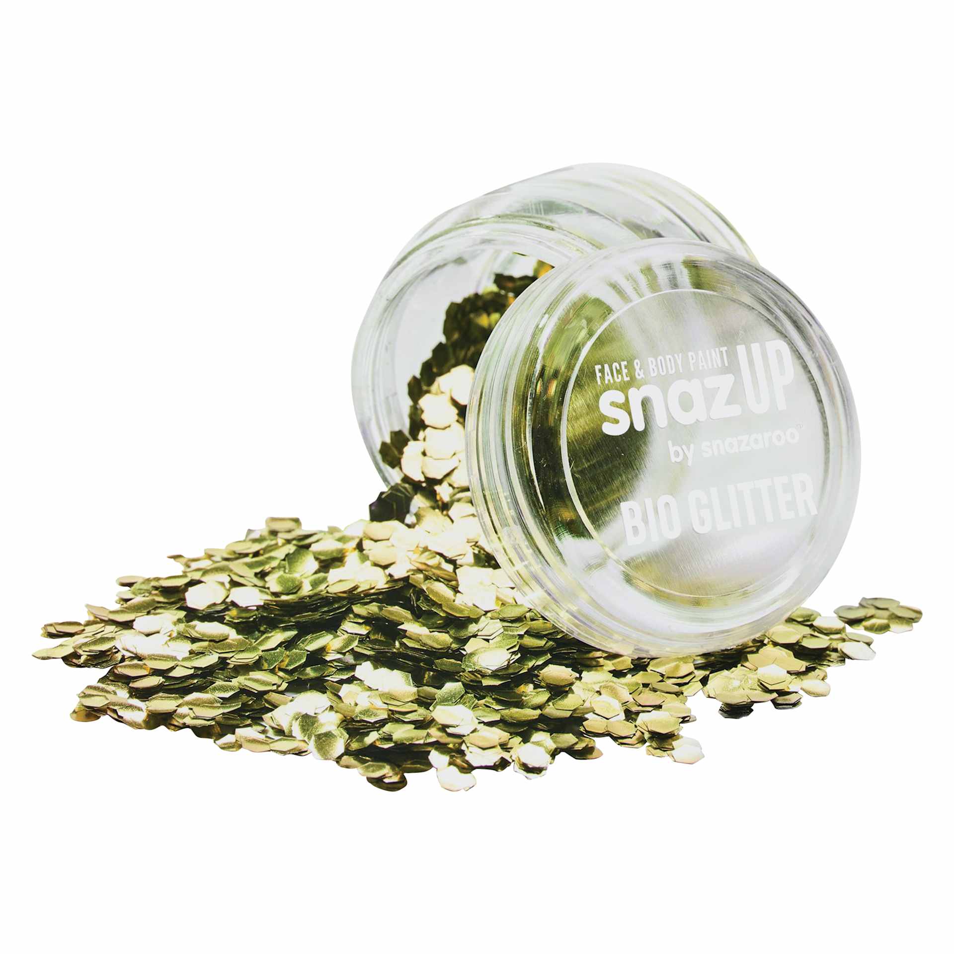Snazaroo Face & Body Bio Glitter - Gold, Chunky, 3 g (Glitter spilling out of jar)