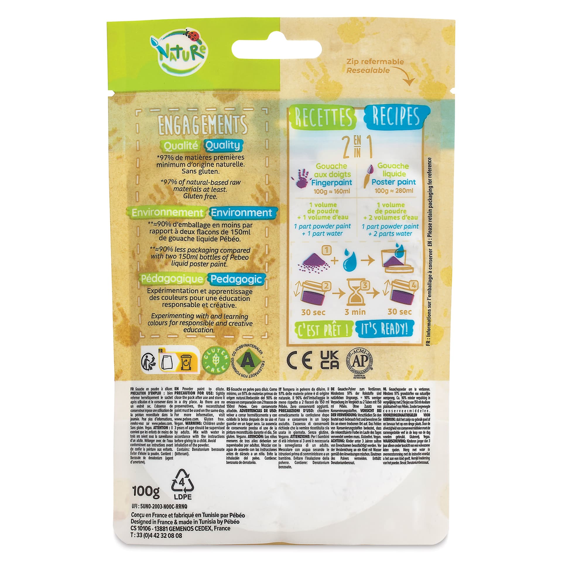 Pebeo Tactilcolor Powder Gouache Paint - White, 100 g (3.5 oz) Bag (back of packaging)