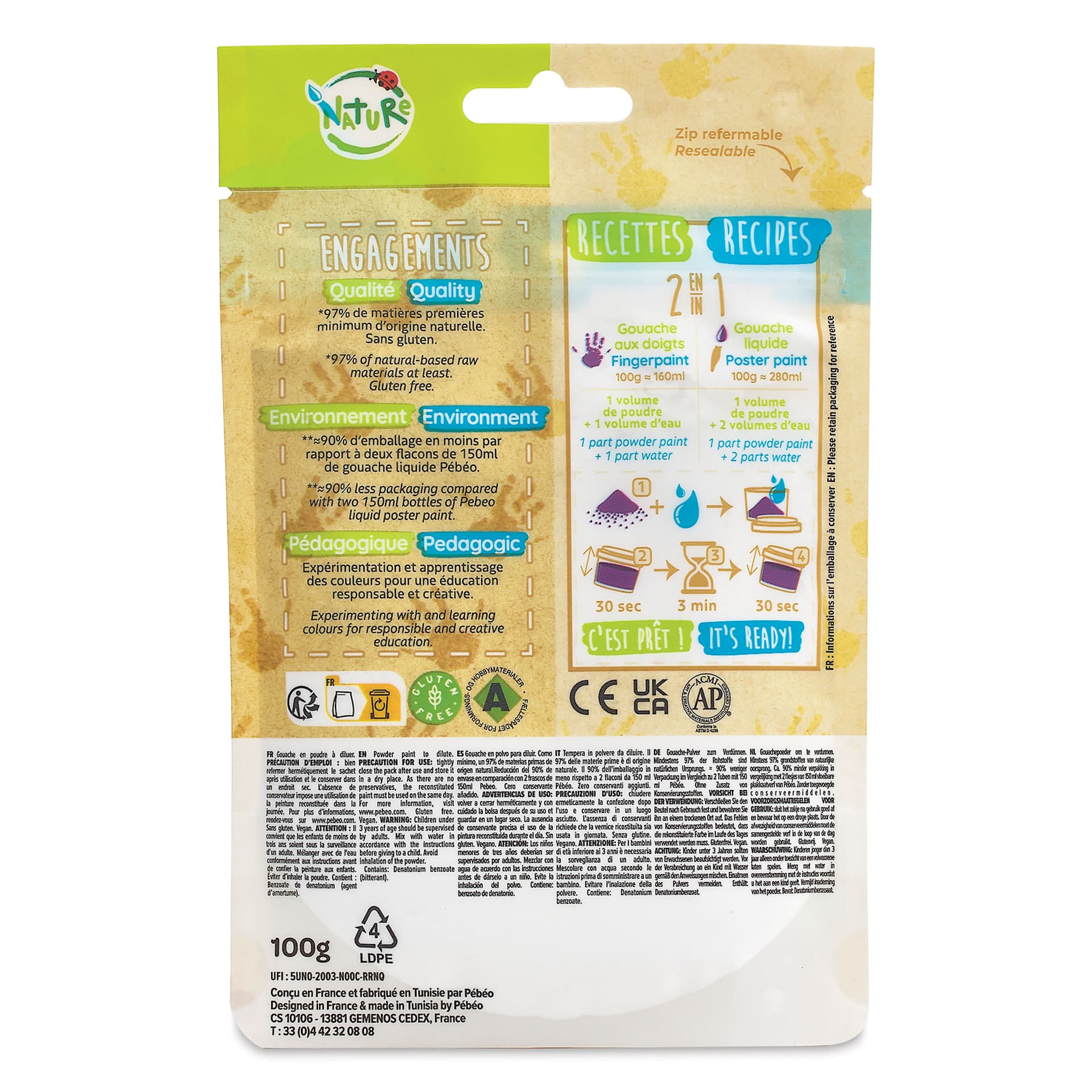 Pebeo Tactilcolor Powder Gouache Paint - Black, 100 g (3.5 oz) Bag (back of packaging)