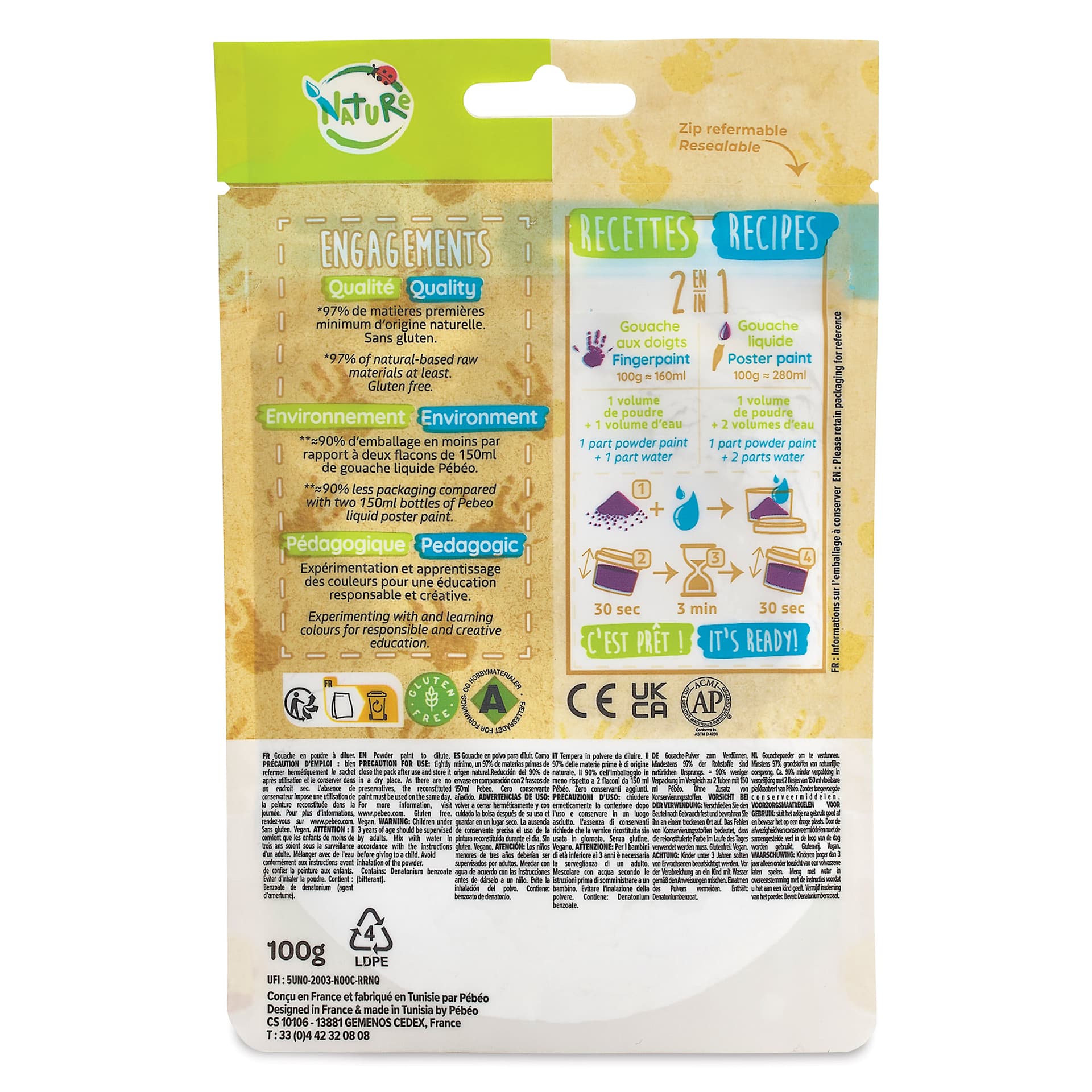 Pebeo Tactilcolor Powder Gouache Paint - Yellow, 100 g (3.5 oz) Bag (back of packaging)
