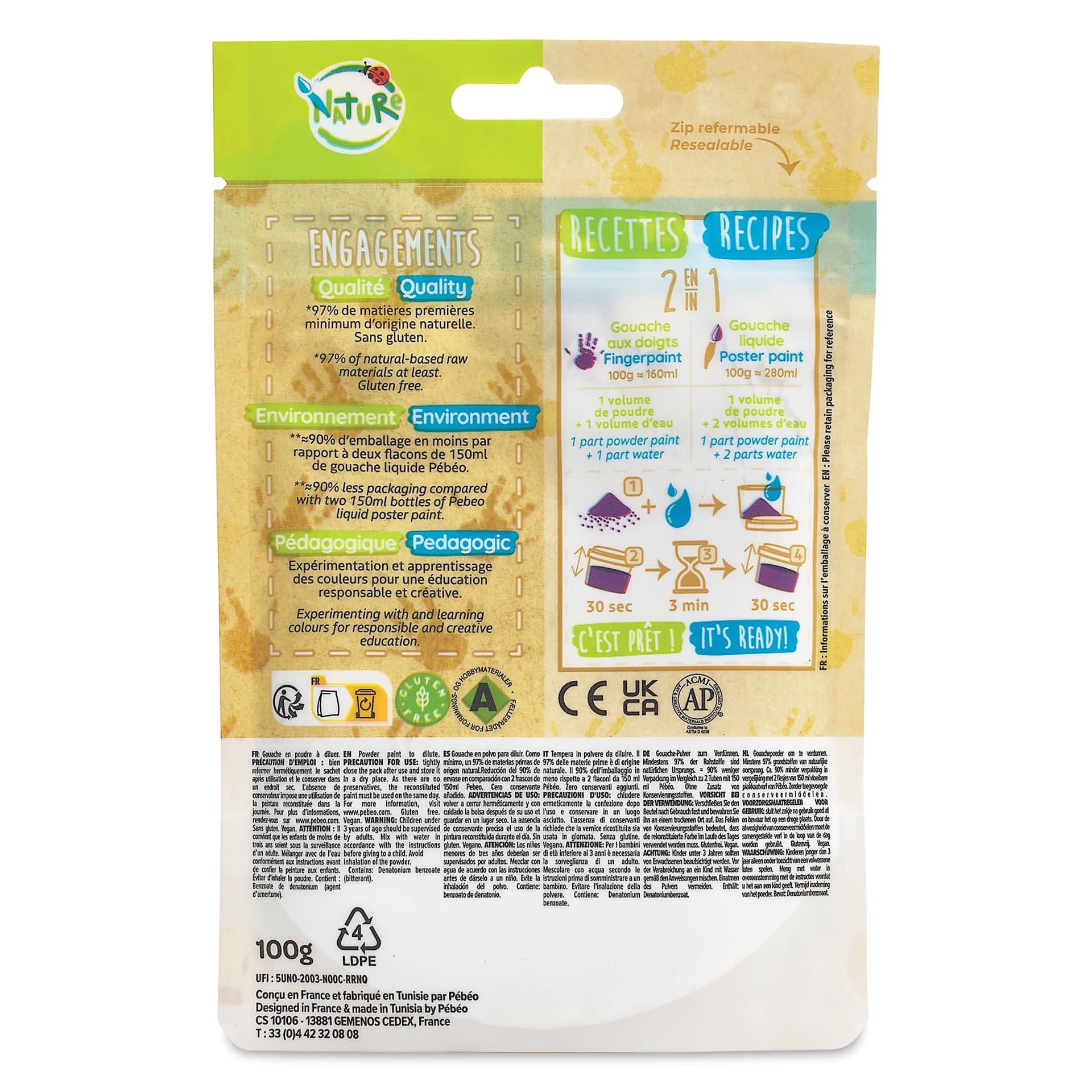 Pebeo Tactilcolor Powder Gouache Paint - Blue, 100 g (3.5 oz) Bag (back of packaging)