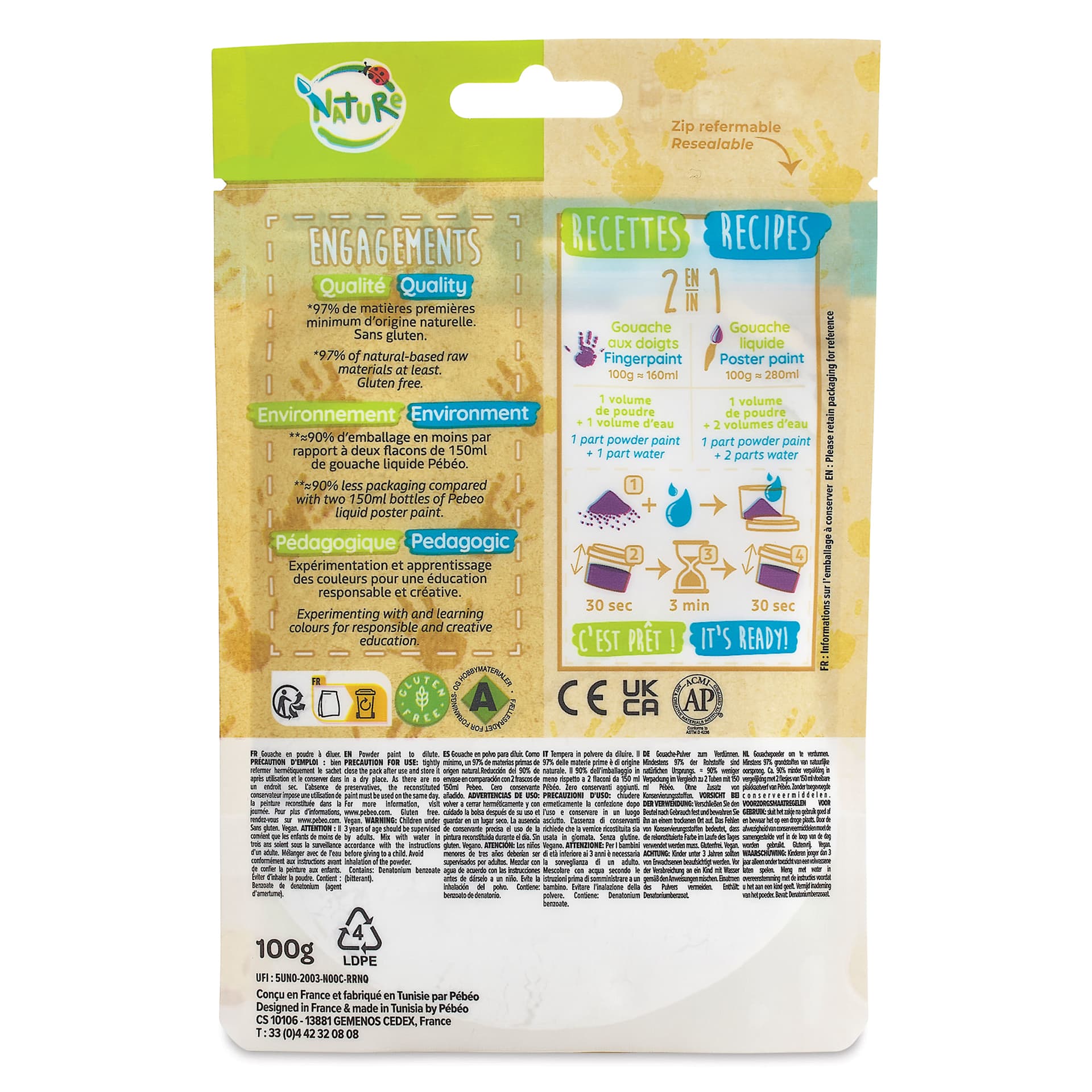 Pebeo Tactilcolor Powder Gouache Paint - Violet, 100 g (3.5 oz) Bag (back of packaging)