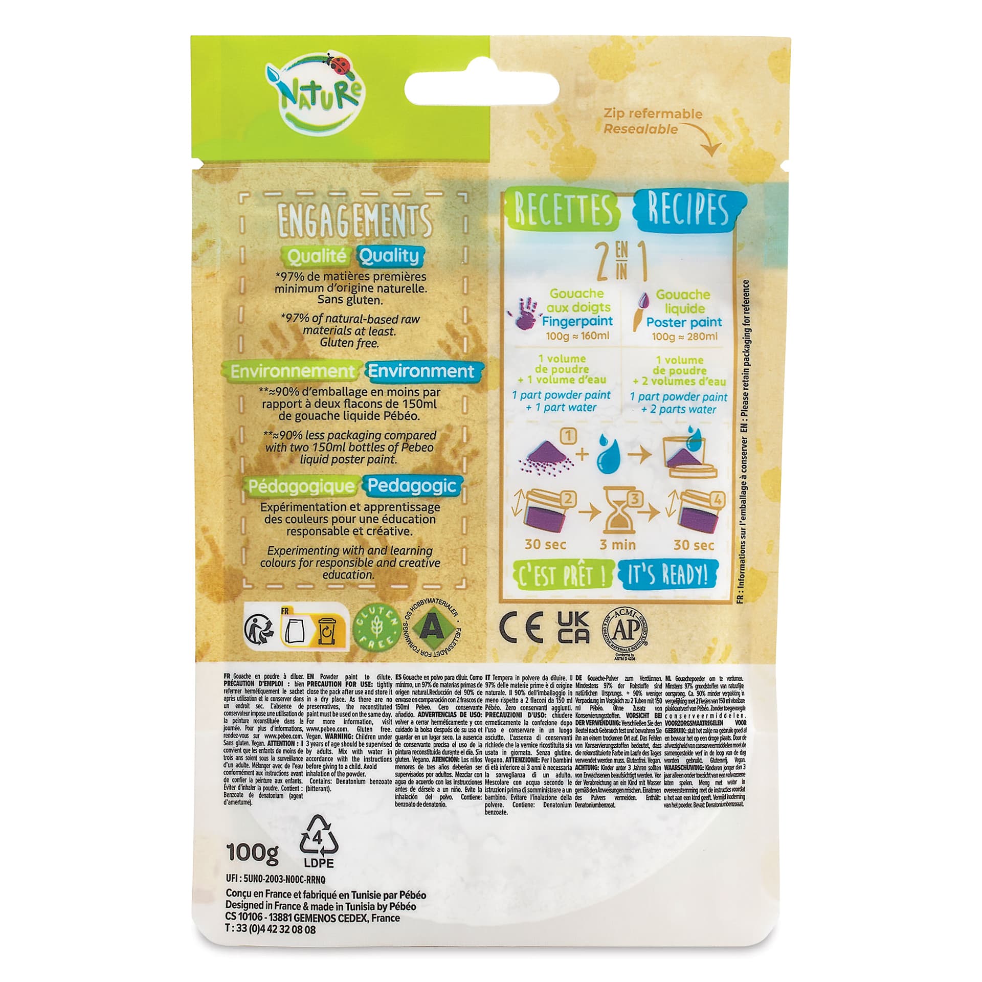 Pebeo Tactilcolor Powder Gouache Paint - Green, 100 g (3.5 oz) Bag (back of packaging)