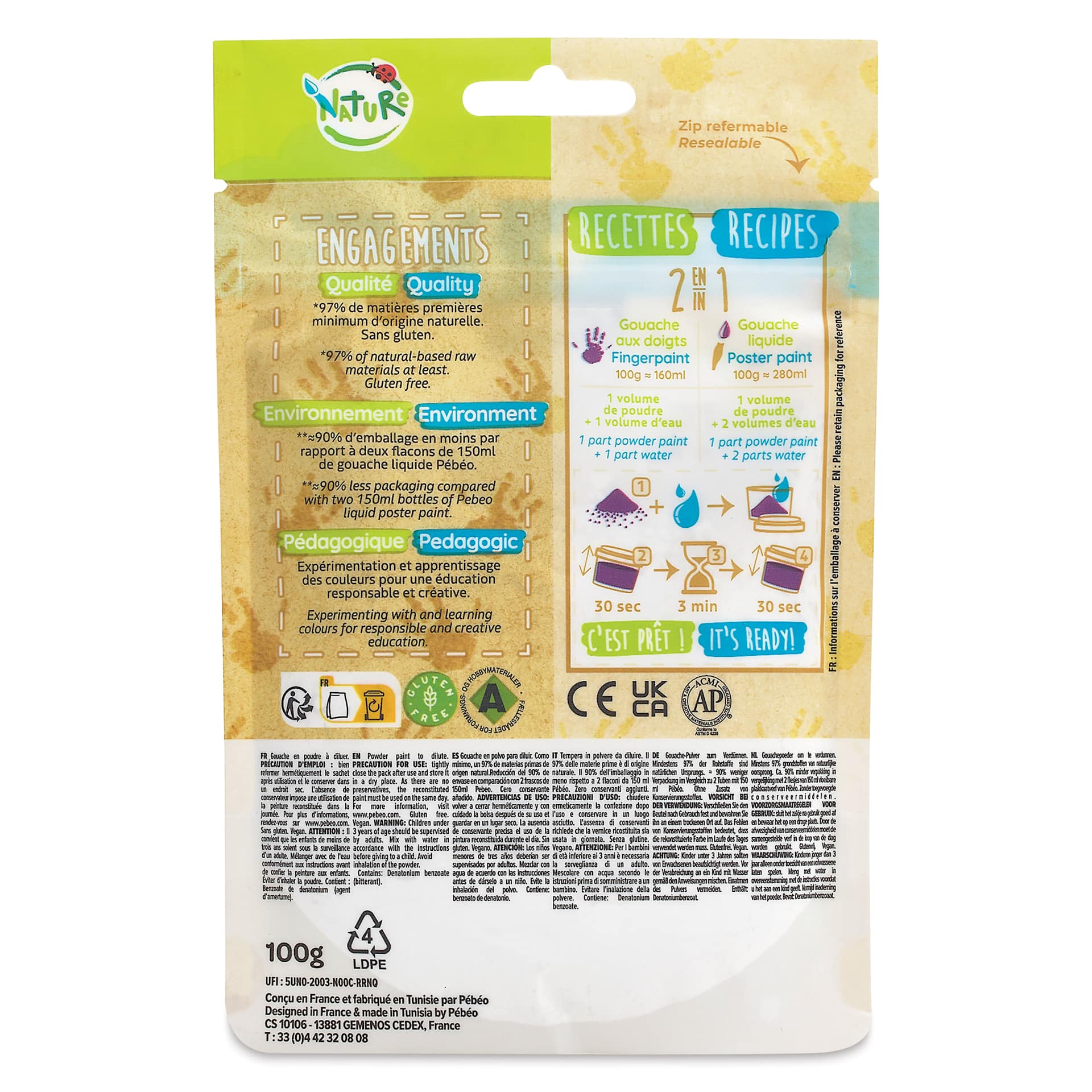 Pebeo Tactilcolor Powder Gouache Paint - Brown, 100 g (3.5 oz) Bag (back of packaging)